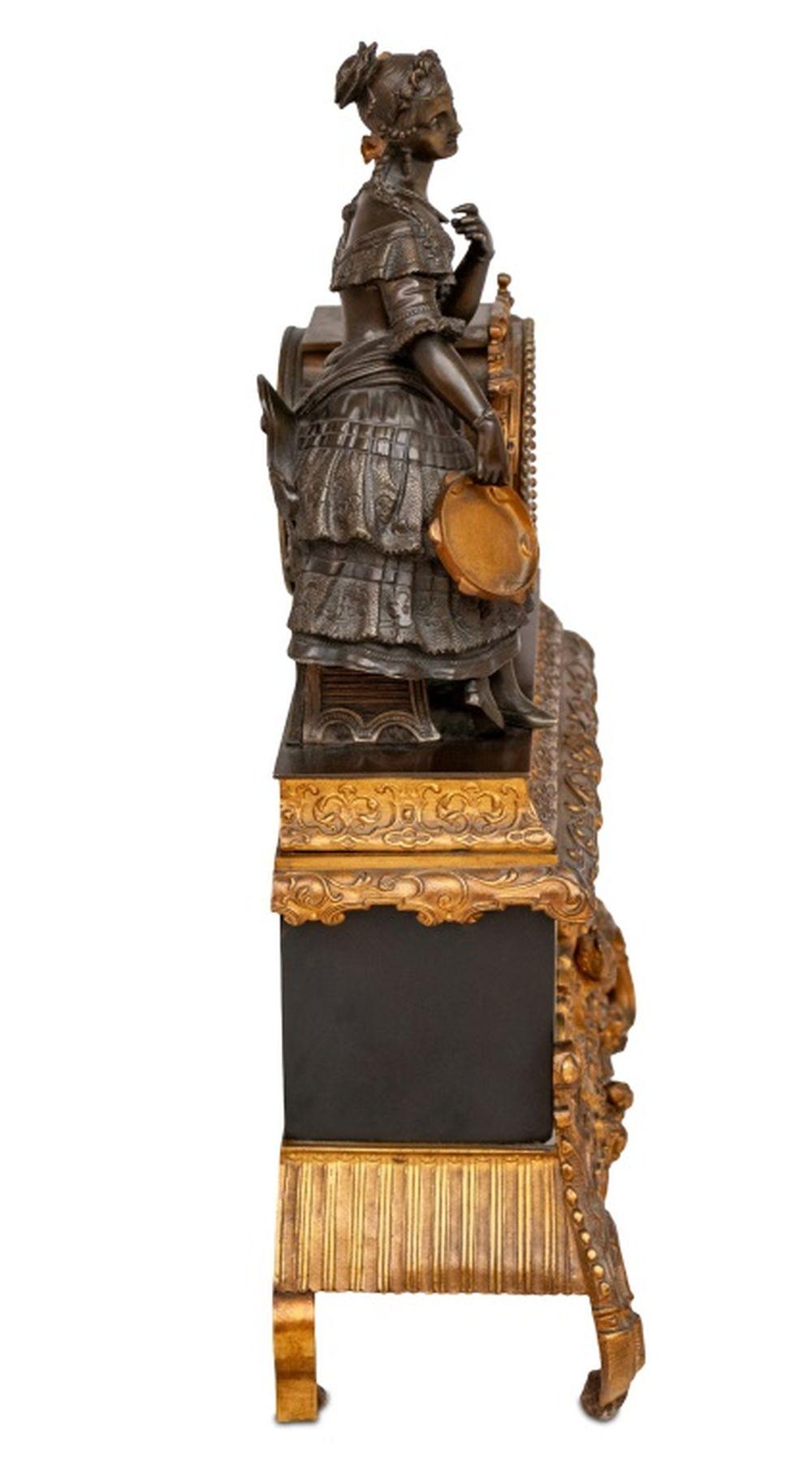 Mid-19th Century French Empire Patinated & Gilt Metal Figural Clock For Sale