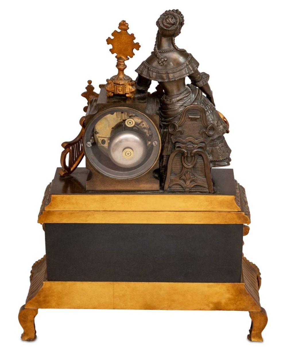 French Empire Patinated & Gilt Metal Figural Clock For Sale 1