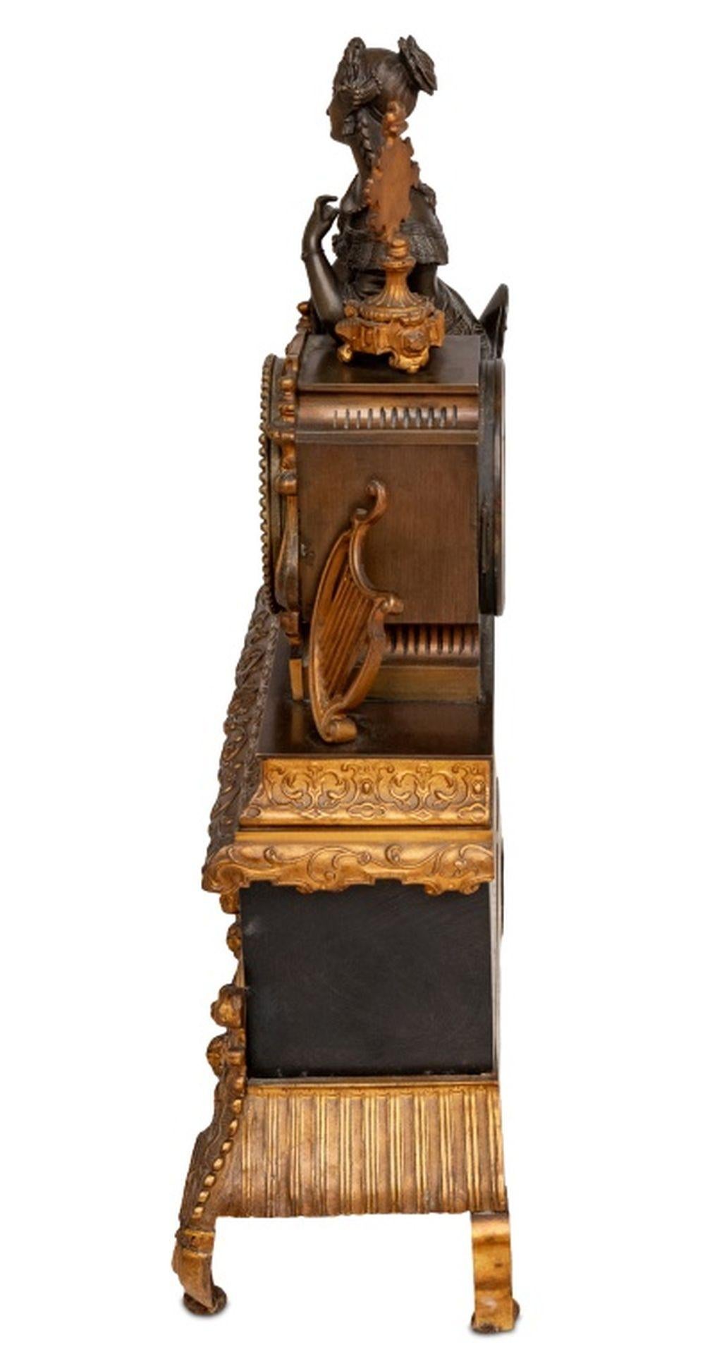 French Empire Patinated & Gilt Metal Figural Clock For Sale 2