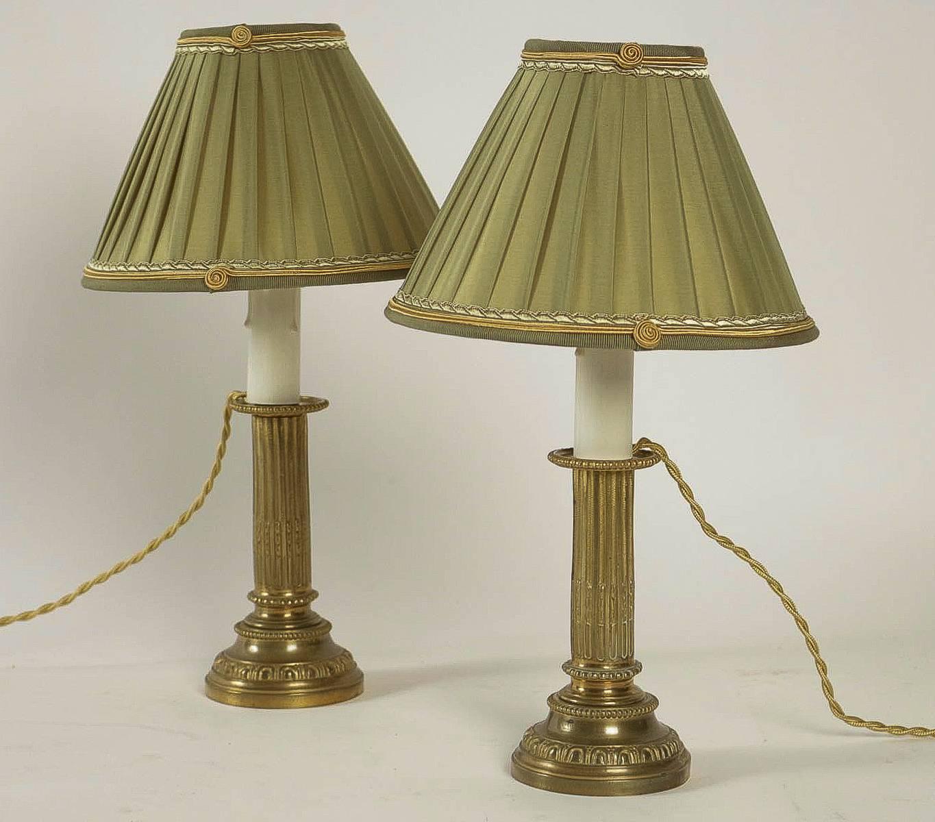 French Empire Period, Pair of Gilt Bronze Candlestick Lamps, circa 1810 6