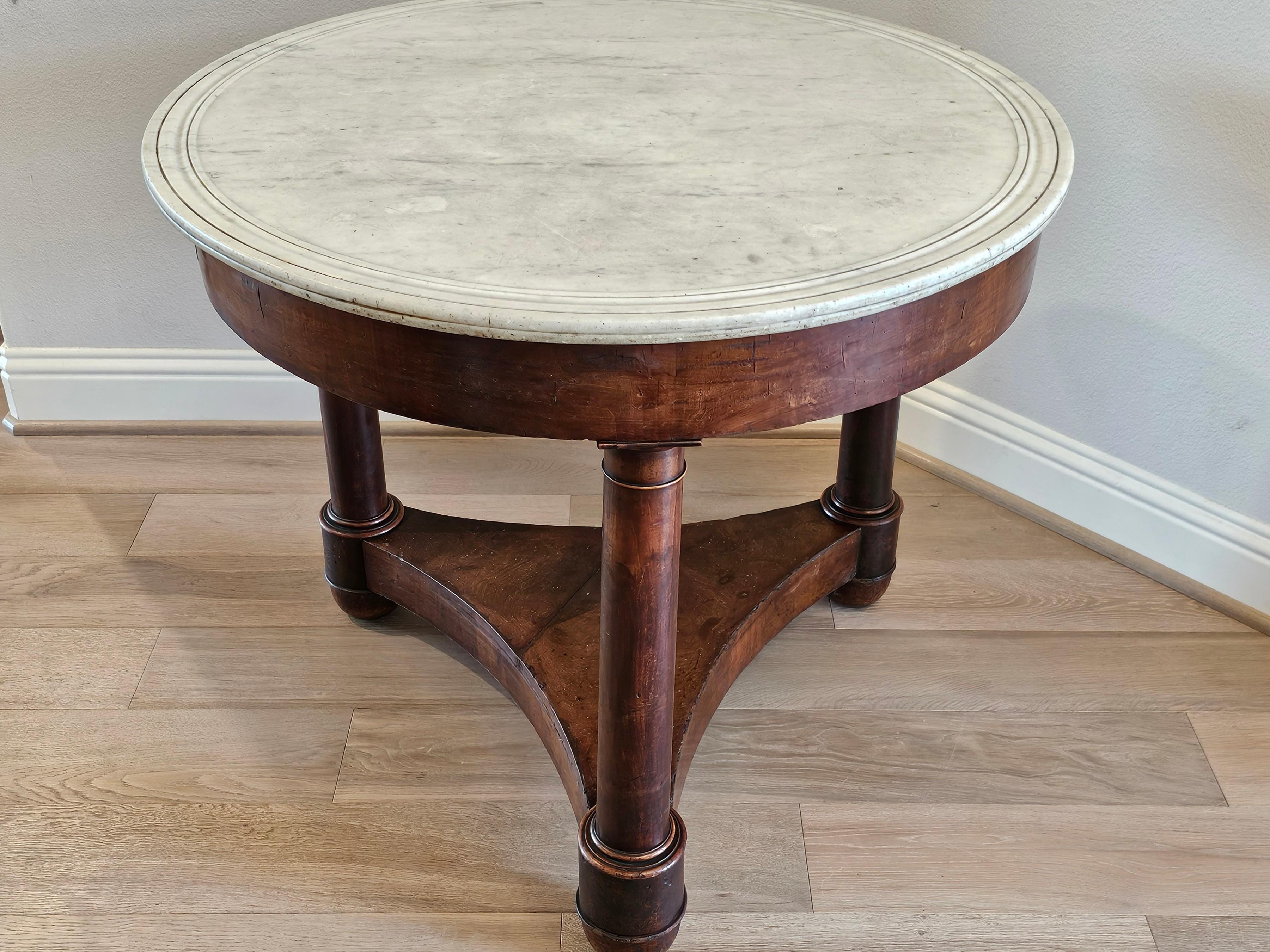 Marble French Empire Period Antique Mahogany Pedestal Center Table Gueridon  For Sale