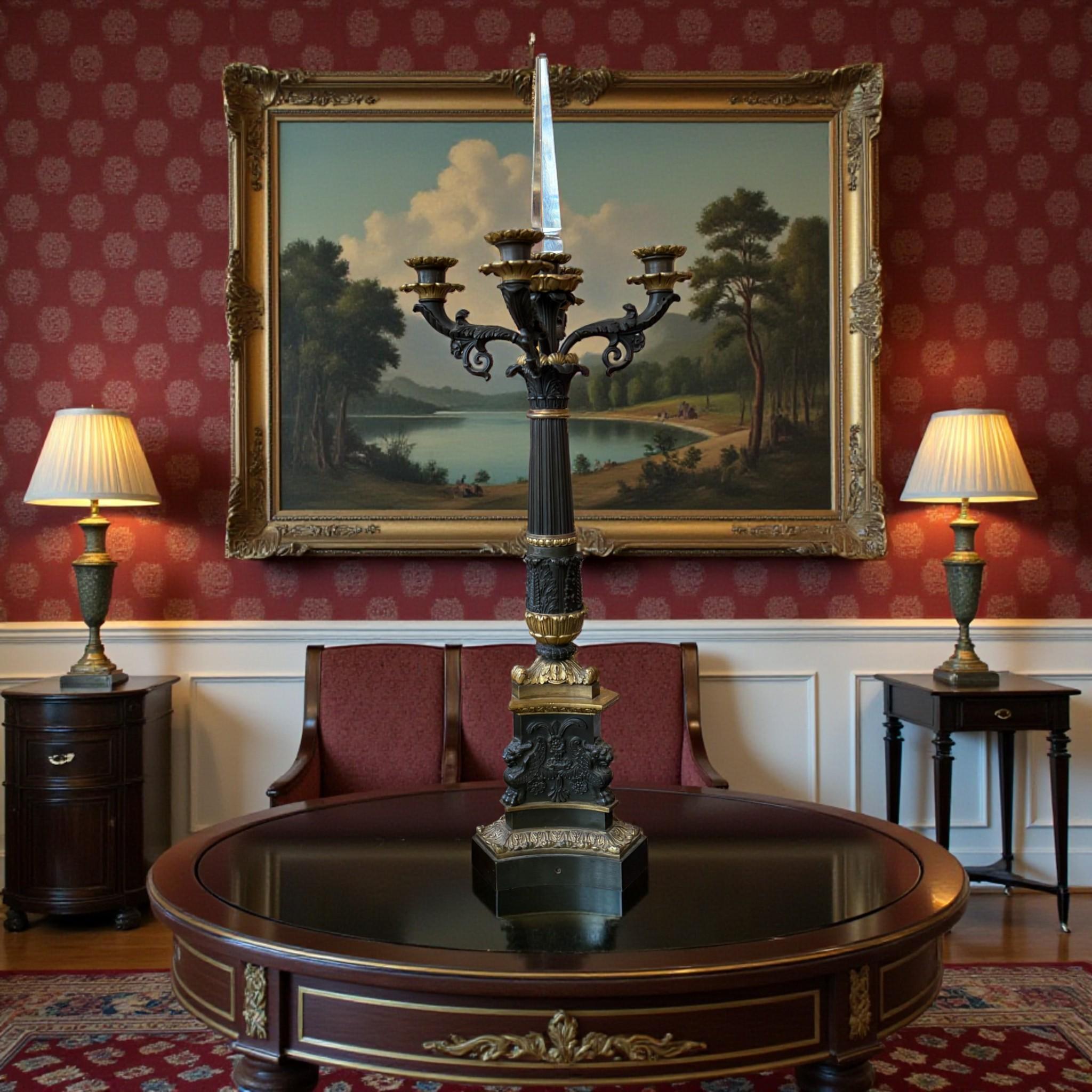 Questo candelabro in bronzo è un esempio straordinario dello stile Impero, popolare all'inizio del XIX secolo. È caratterizzata da un'alta ed elegante colonna decorata con dettagliati motivi di foglie e coronata da quattro rami di candela a forma di