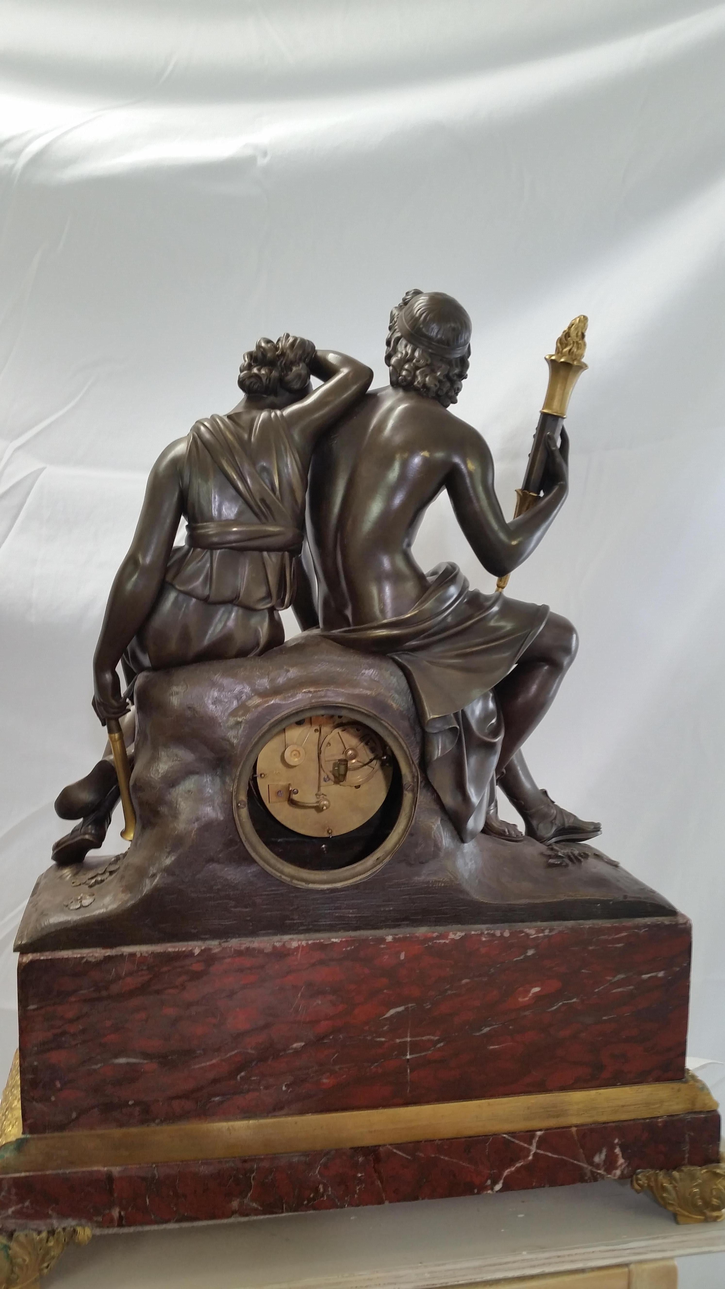French Empire period Bronze with Dore and Red Languedoc Marble Clock Exceptional For Sale 6