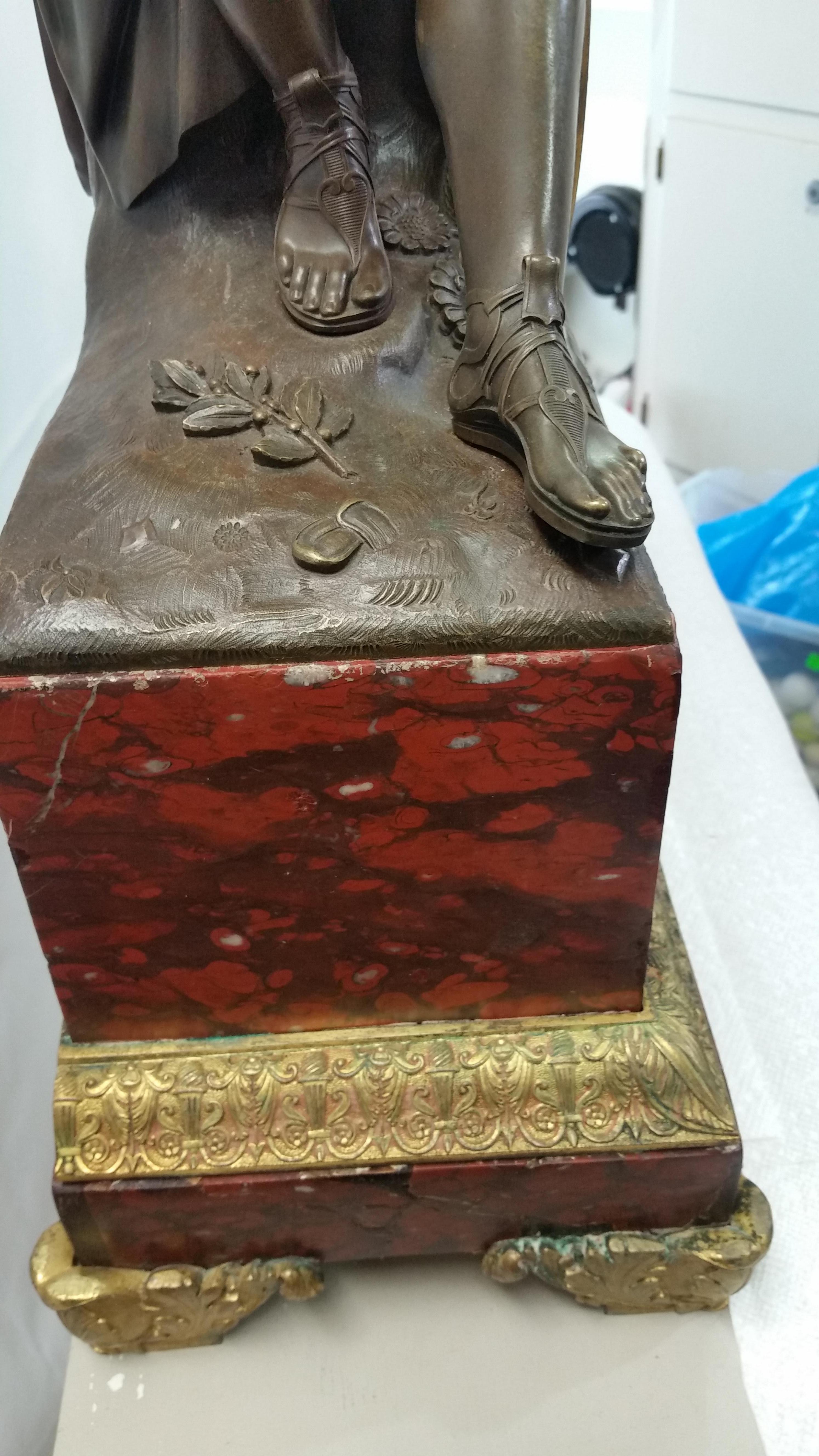 French Empire period Bronze with Dore and Red Languedoc Marble Clock Exceptional For Sale 7