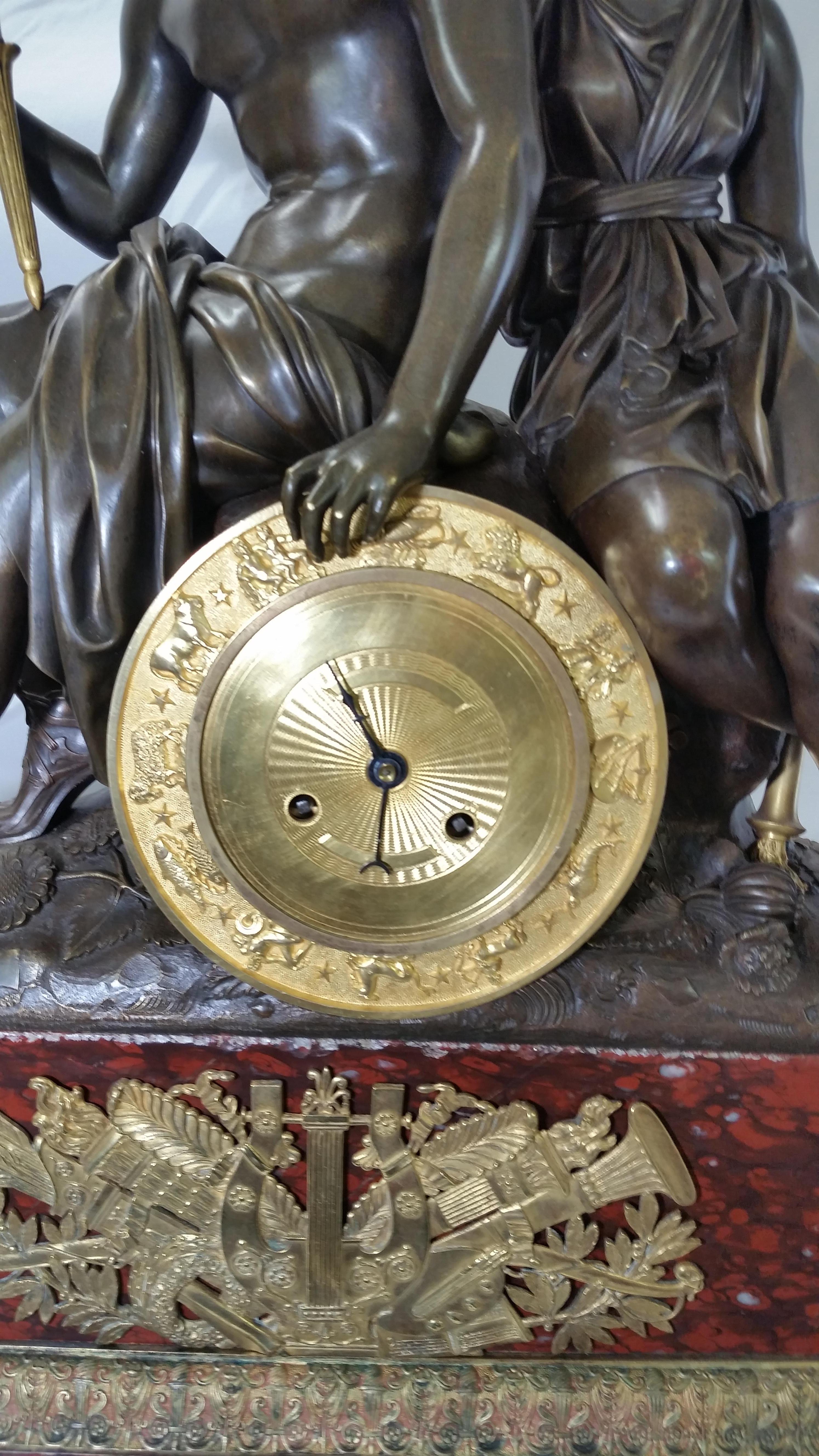 19th Century French Empire period Bronze with Dore and Red Languedoc Marble Clock Exceptional For Sale