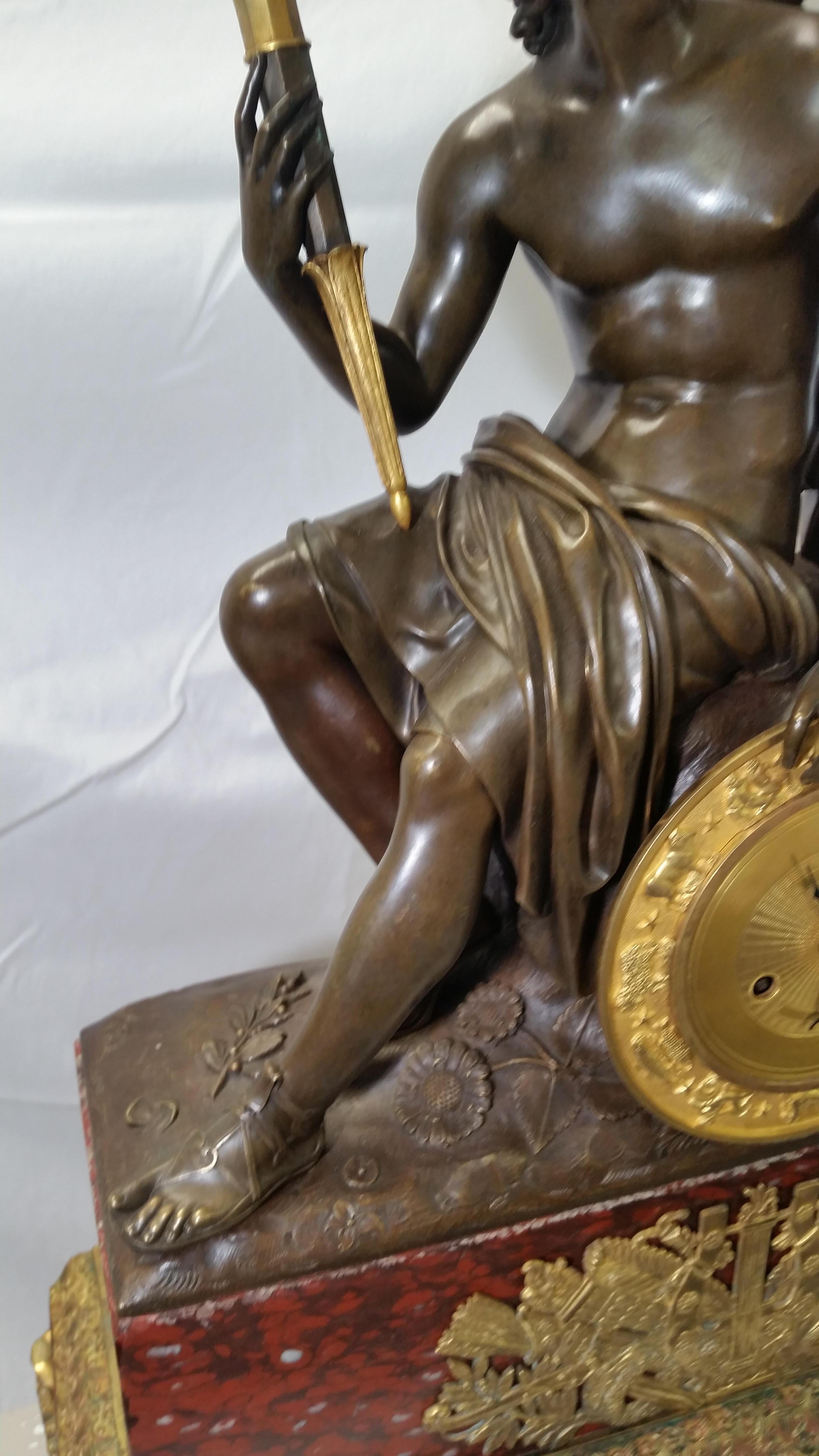 French Empire period Bronze with Dore and Red Languedoc Marble Clock Exceptional For Sale 1