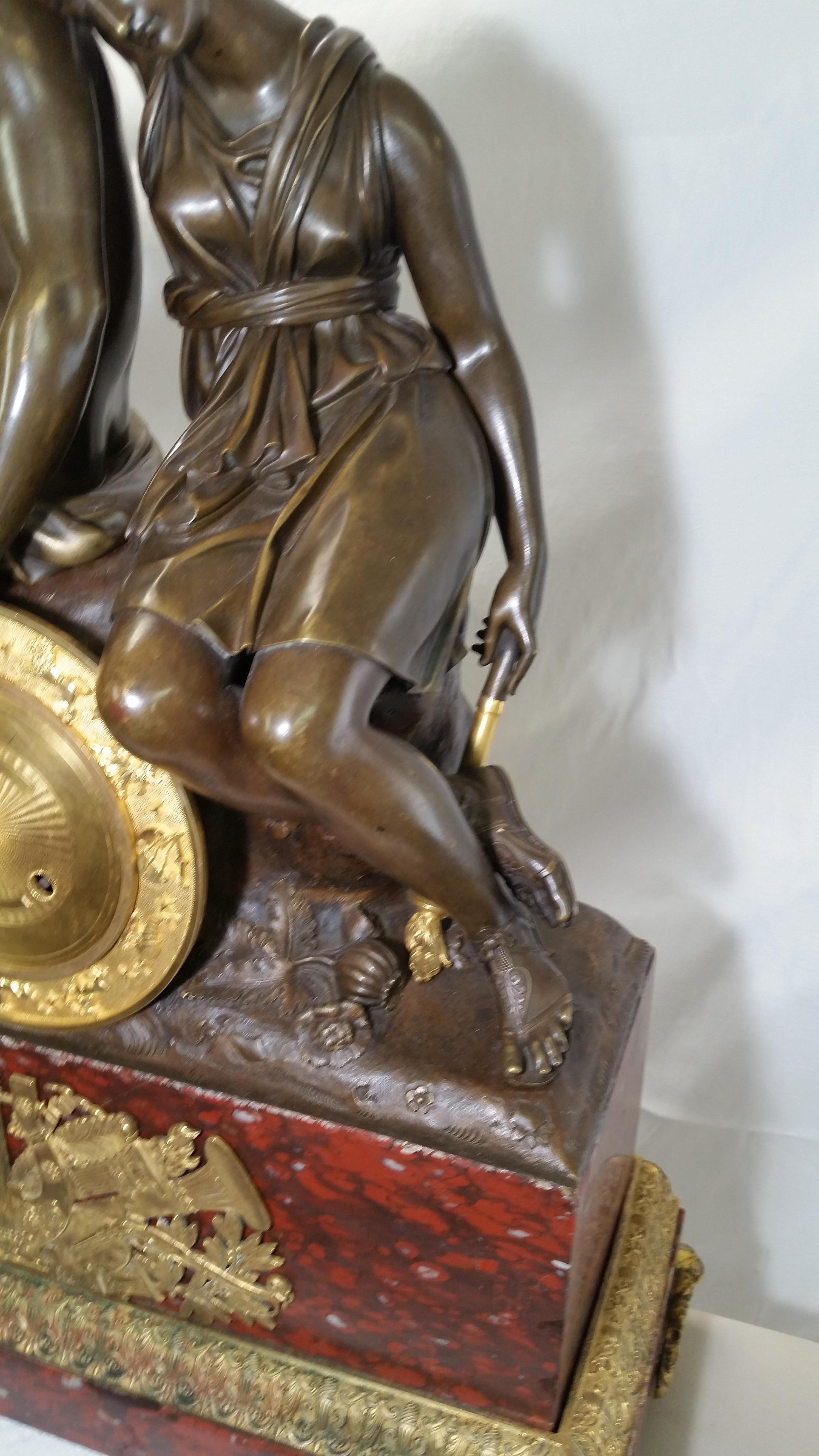 French Empire period Bronze with Dore and Red Languedoc Marble Clock Exceptional For Sale 2