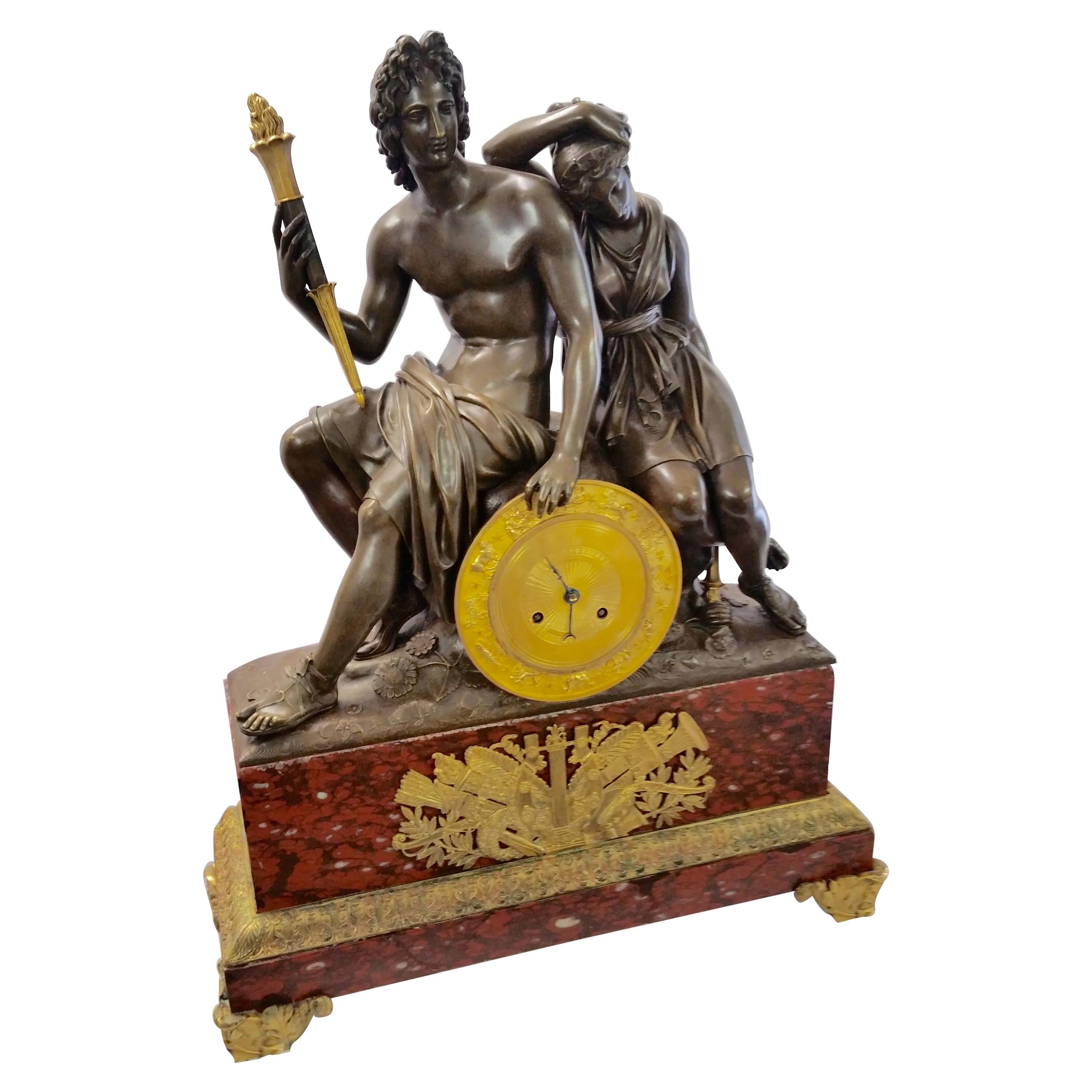 French Empire period Bronze with Dore and Red Languedoc Marble Clock Exceptional For Sale