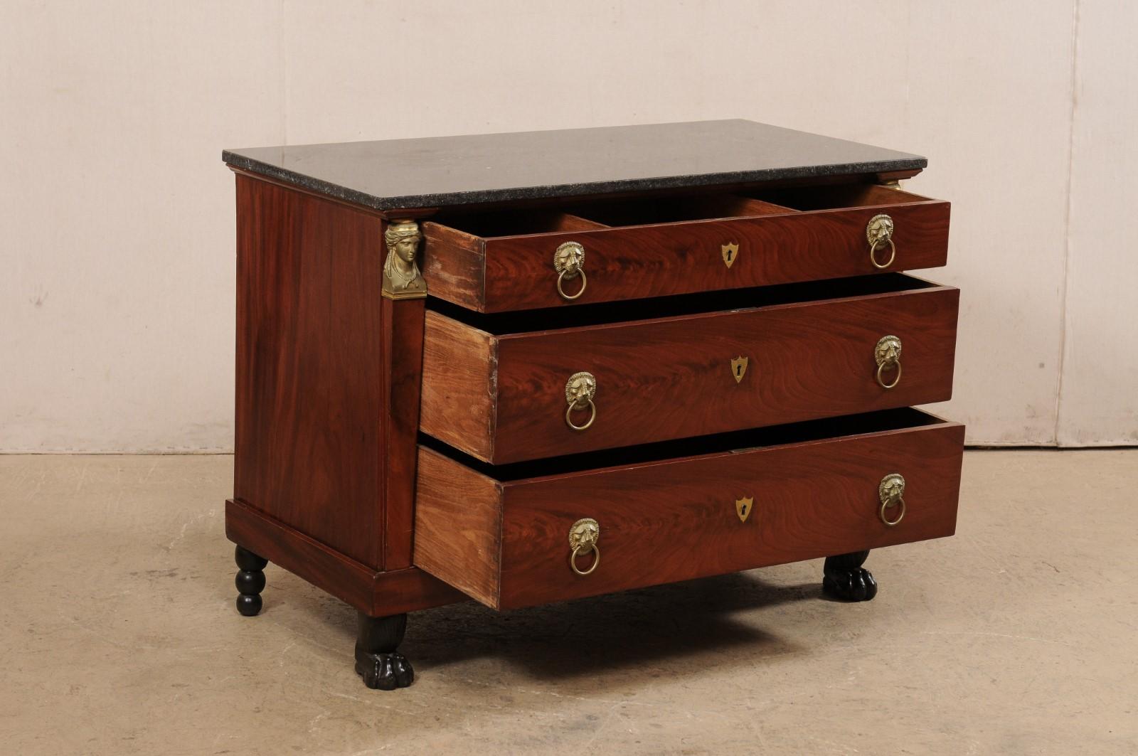 19th Century French Empire Period Commode w/Black Marble Top, Revival Accents, & Paw Feet For Sale