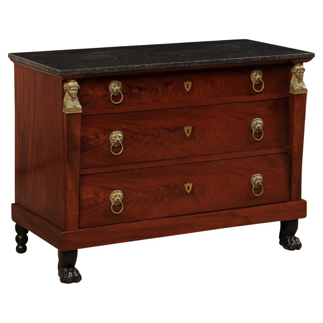 French Empire Period Commode w/Black Marble Top, Revival Accents, & Paw Feet For Sale