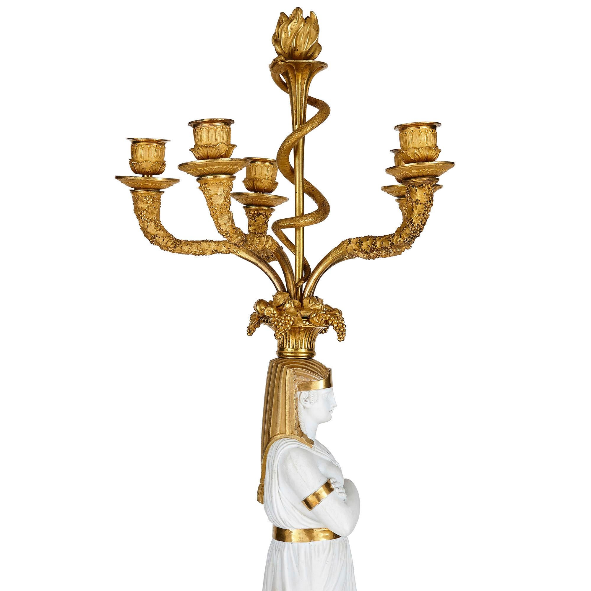 Gilt French Empire Period Egyptian Style Porcelain Candelabra For Sale