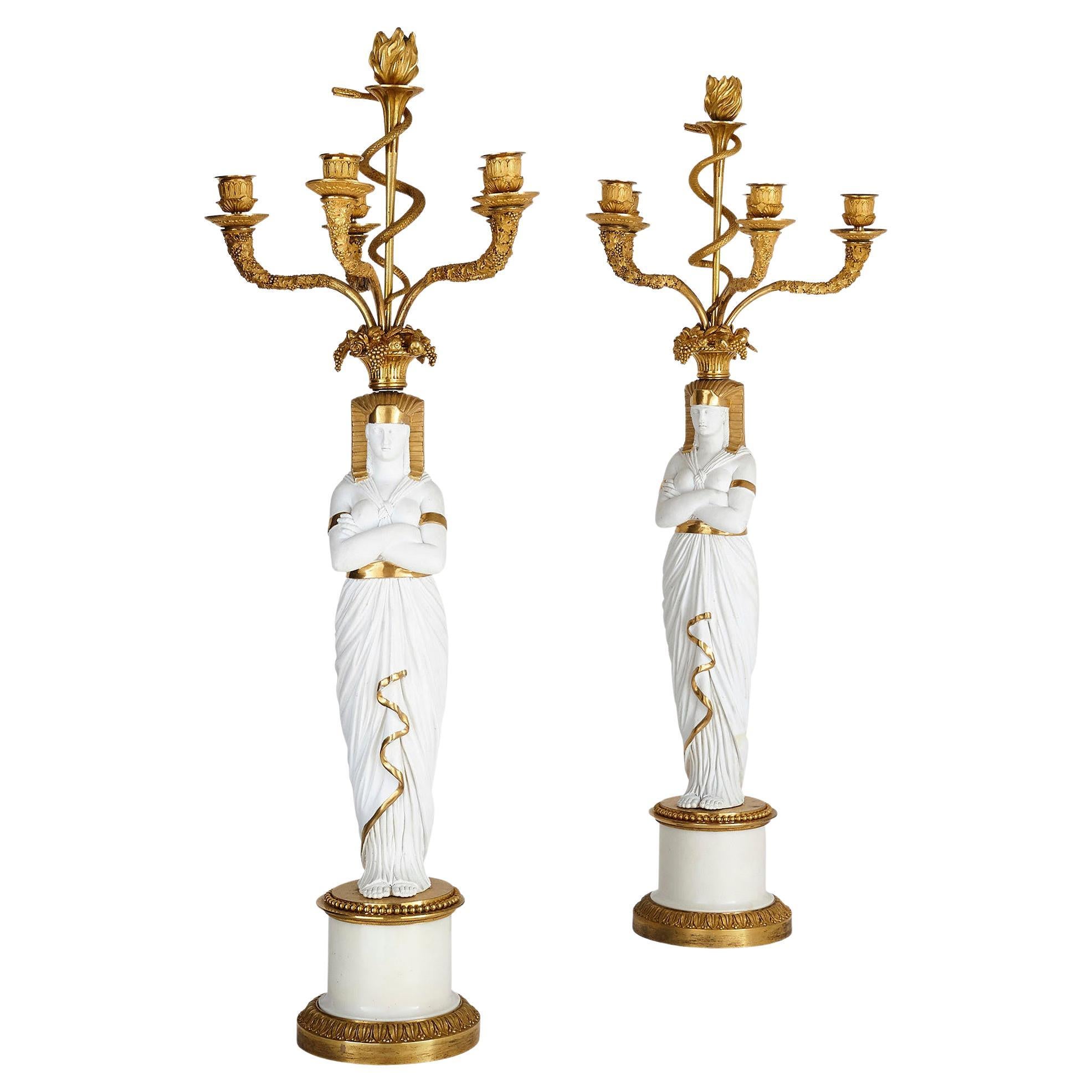 French Empire Period Egyptian Style Porcelain Candelabra For Sale