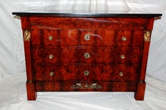 French Empire Period Flame Grain Mahogany Commode Chest with Black Marble Top