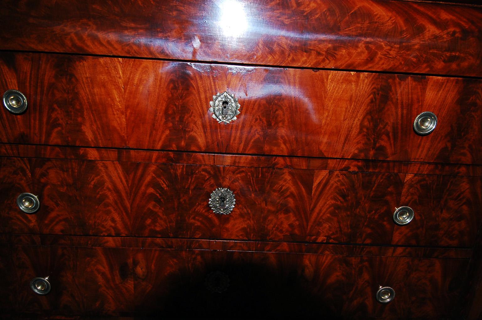 French Empire Period Flame Grain Mahogany Commode Chest with Black Marble Top For Sale 3