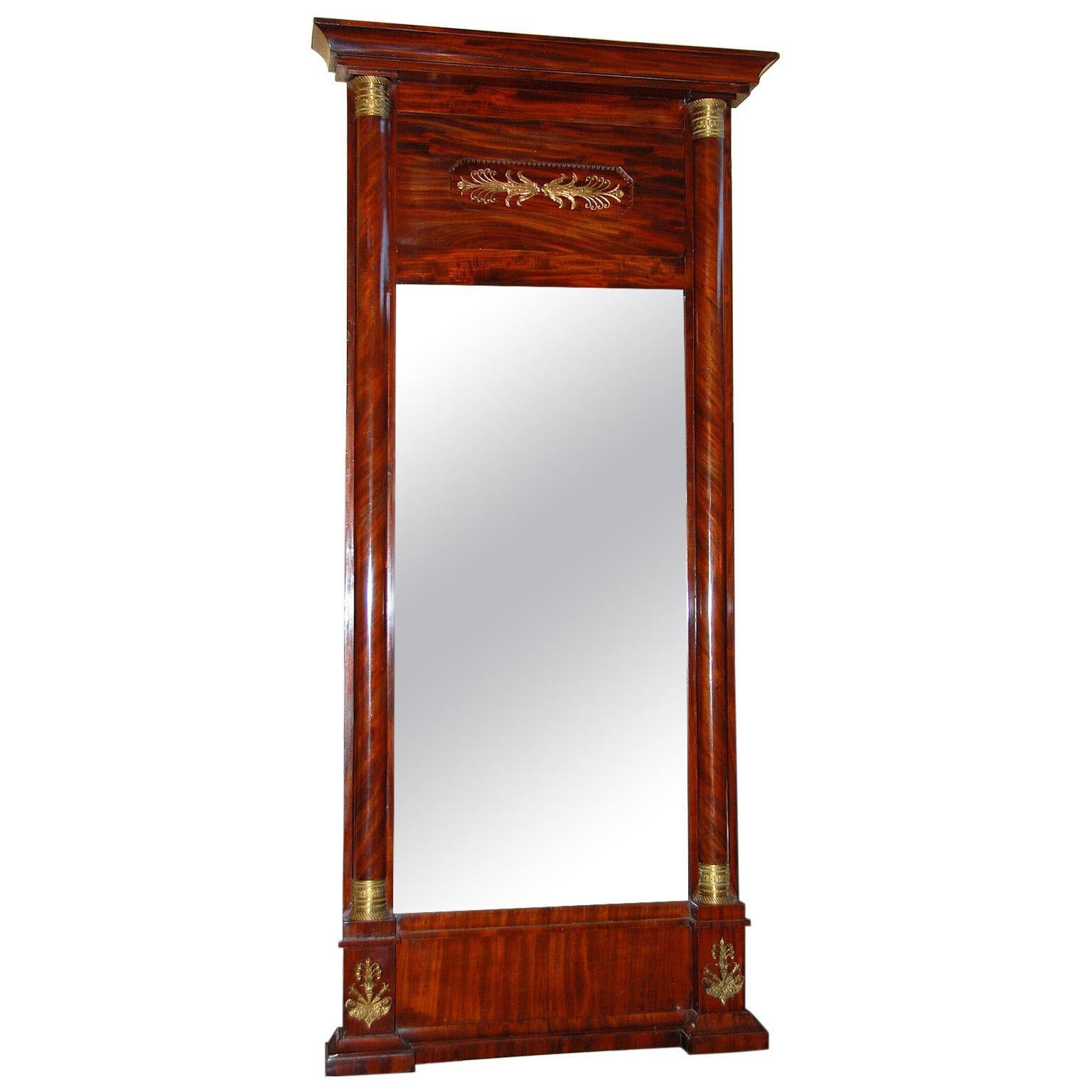 French Empire Period Mahogany Tall Mirror with Ormolu Mounts and Side Columns 