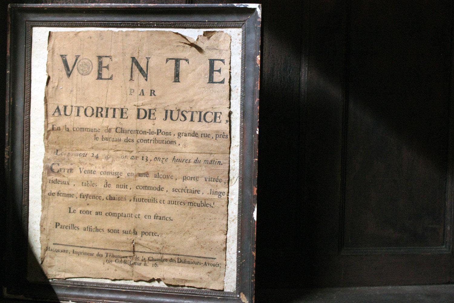 The Napoleonic period French paper bill or notice, relating to a house sale clearance in Charenton-Le-Pont, Paris, with the Gregorian calender date of Messidor 13, for July the 13th 1805, the bill surviving in good condition considering its