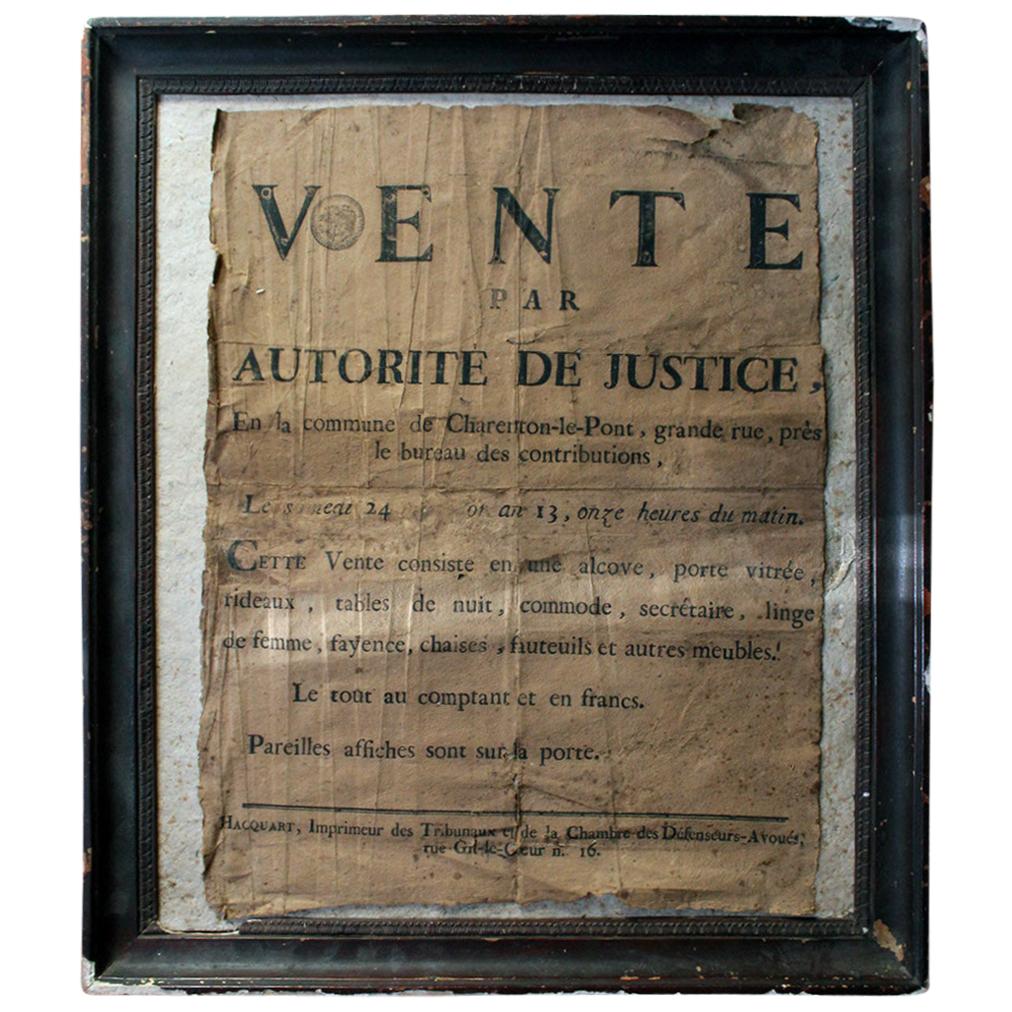 French Empire Period Napoleonic Notice of a Parisian House Clearance, circa 1805