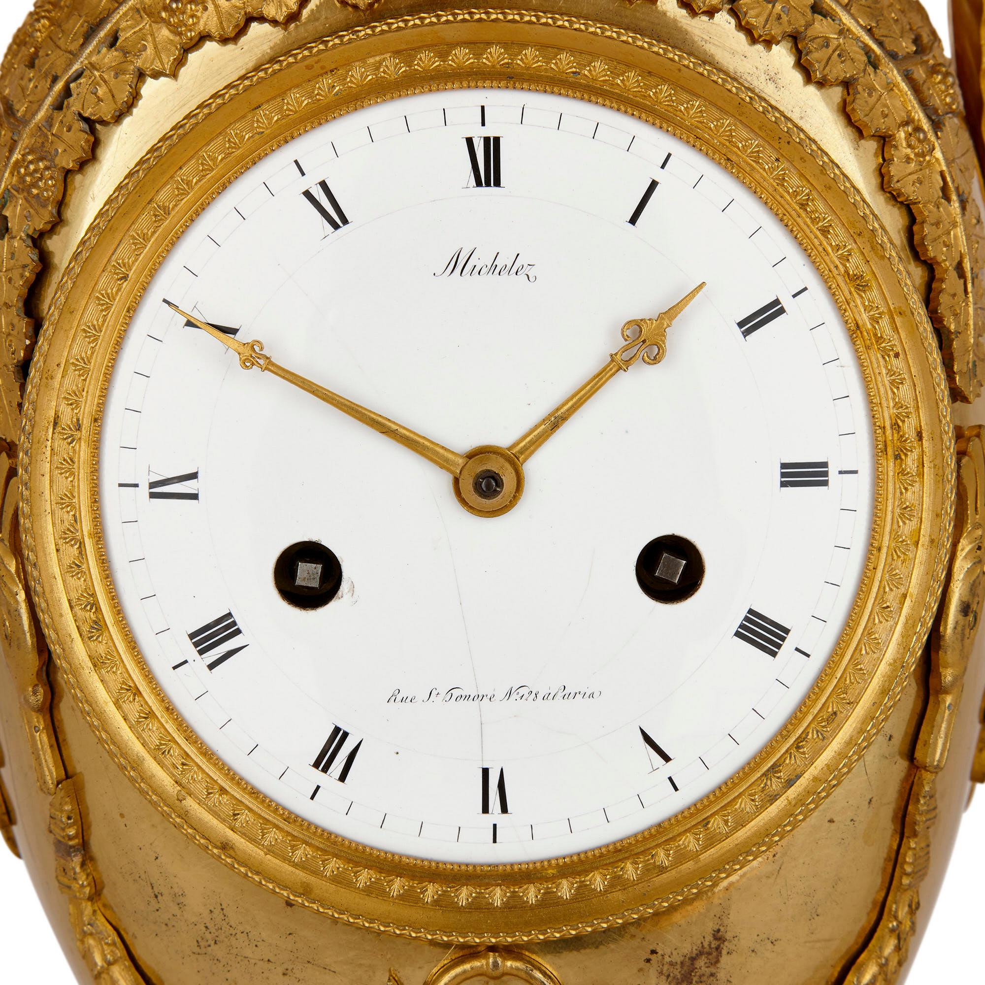 Gilt French Empire Period Ormolu Mantel Clock by Michelez For Sale