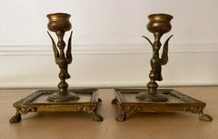 French Empire Period Pair of Bronze Candleholders, Neoclassical