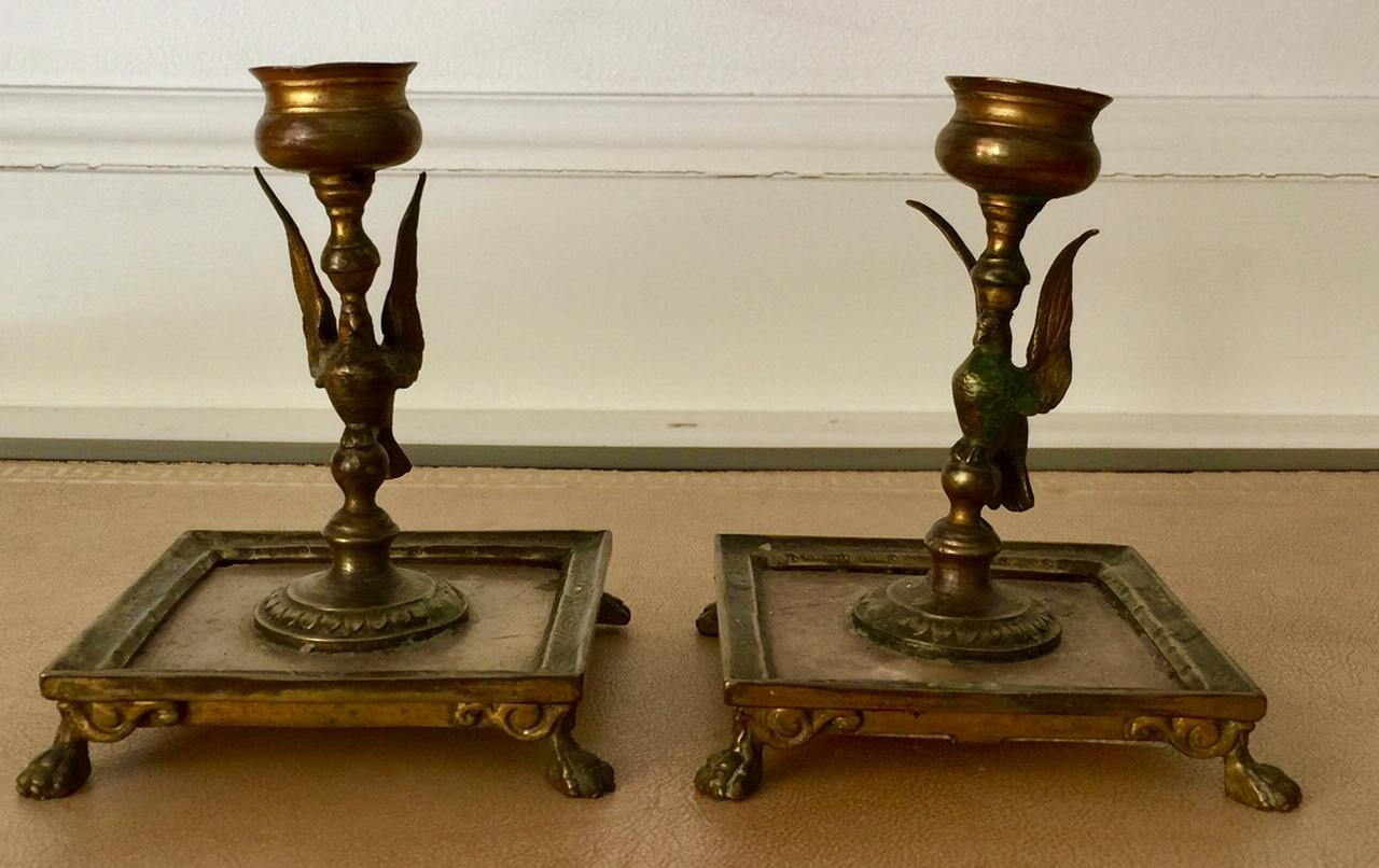 Patinated French Empire Period Pair of Bronze Candleholders, Neoclassical For Sale
