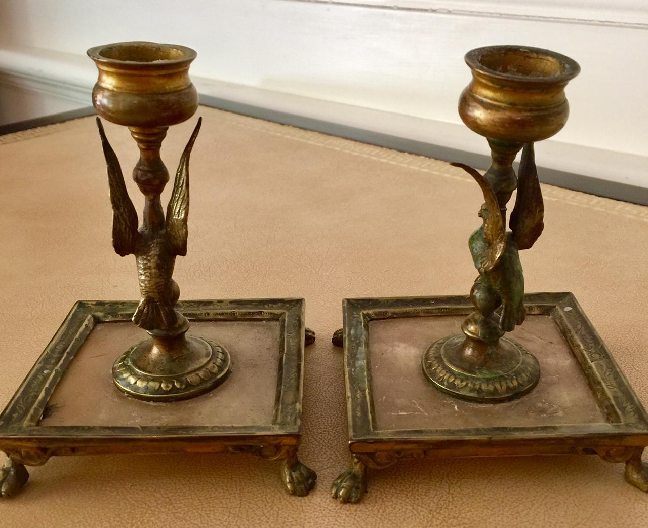 French Empire Period Pair of Bronze Candleholders, Neoclassical For Sale 2
