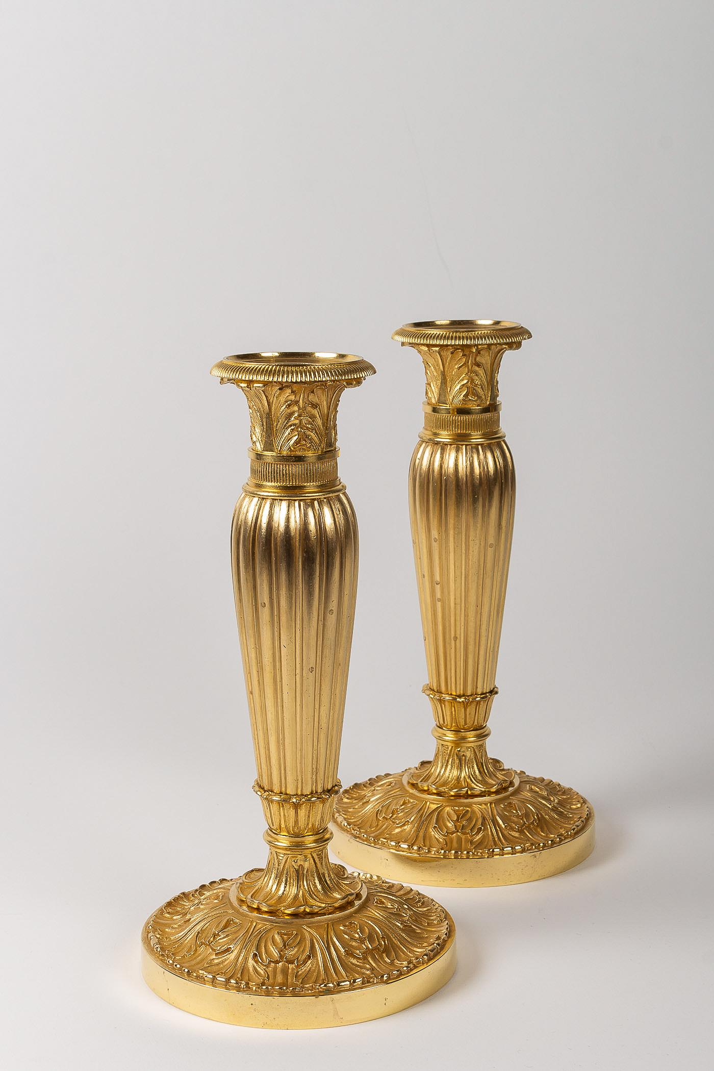 French Empire Period, Pair of Chiseled Gilt-Bronze Candlesticks, circa 1805-1810 6