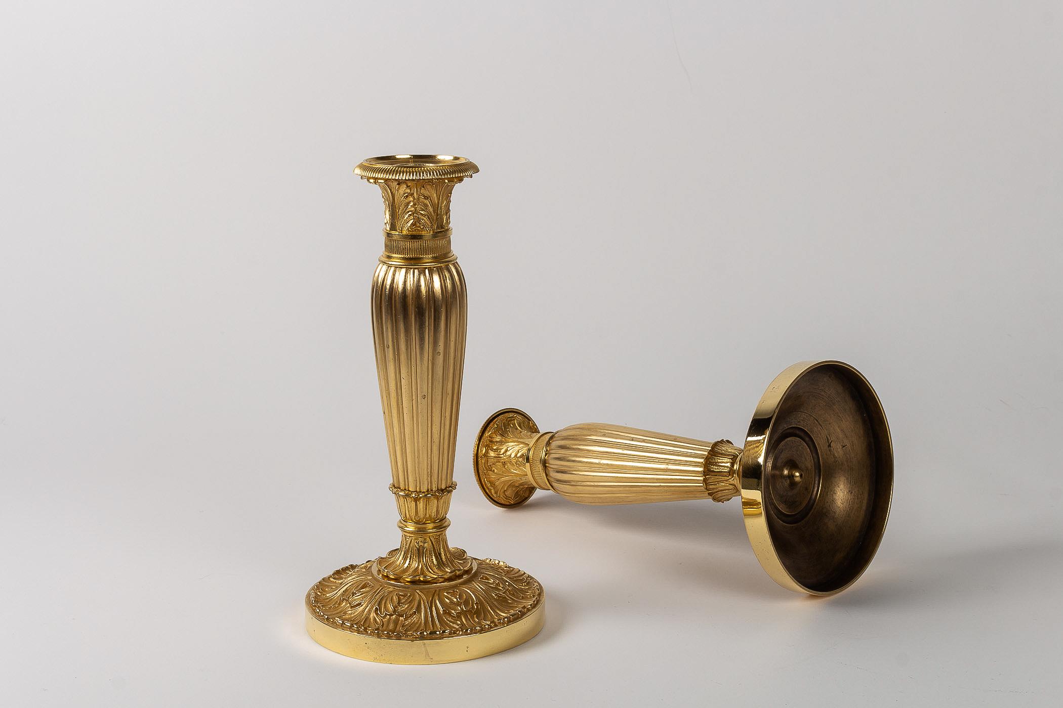 French Empire Period, Pair of Chiseled Gilt-Bronze Candlesticks, circa 1805-1810 7