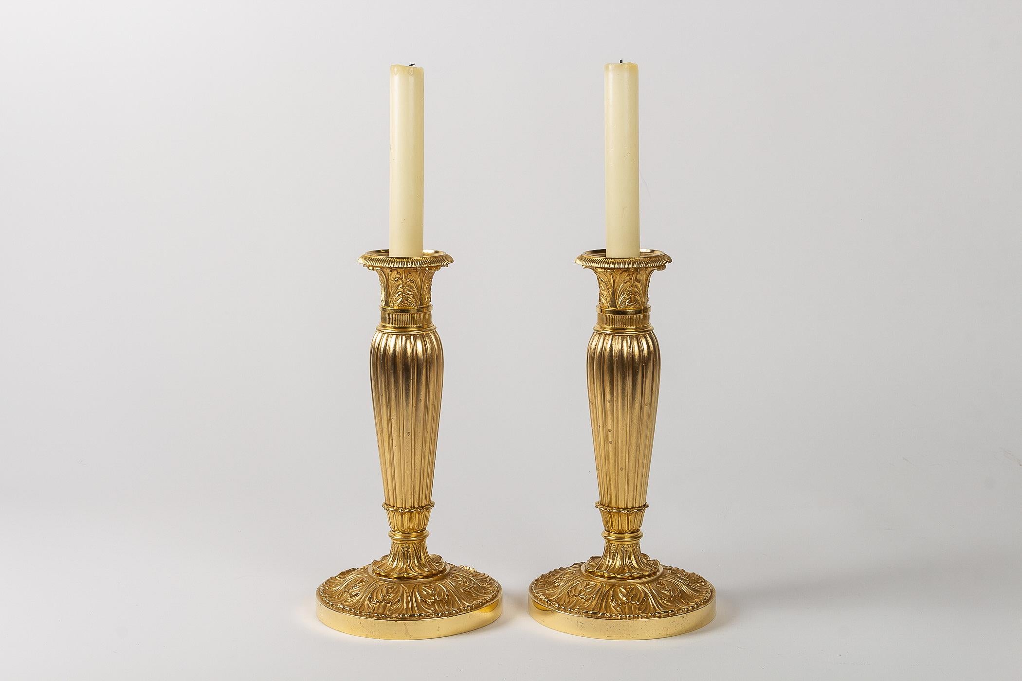 French Empire Period, Pair of Chiseled Gilt-Bronze Candlesticks, circa 1805-1810 8