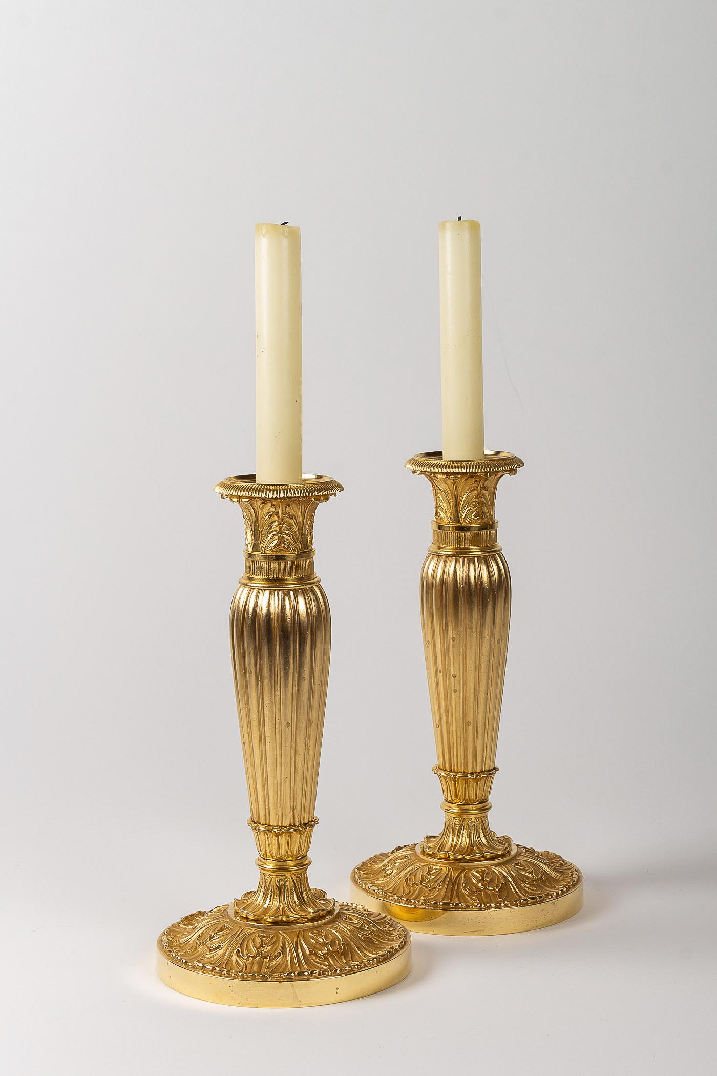 French Empire Period, Pair of Chiseled Gilt-Bronze Candlesticks, circa 1805-1810 9