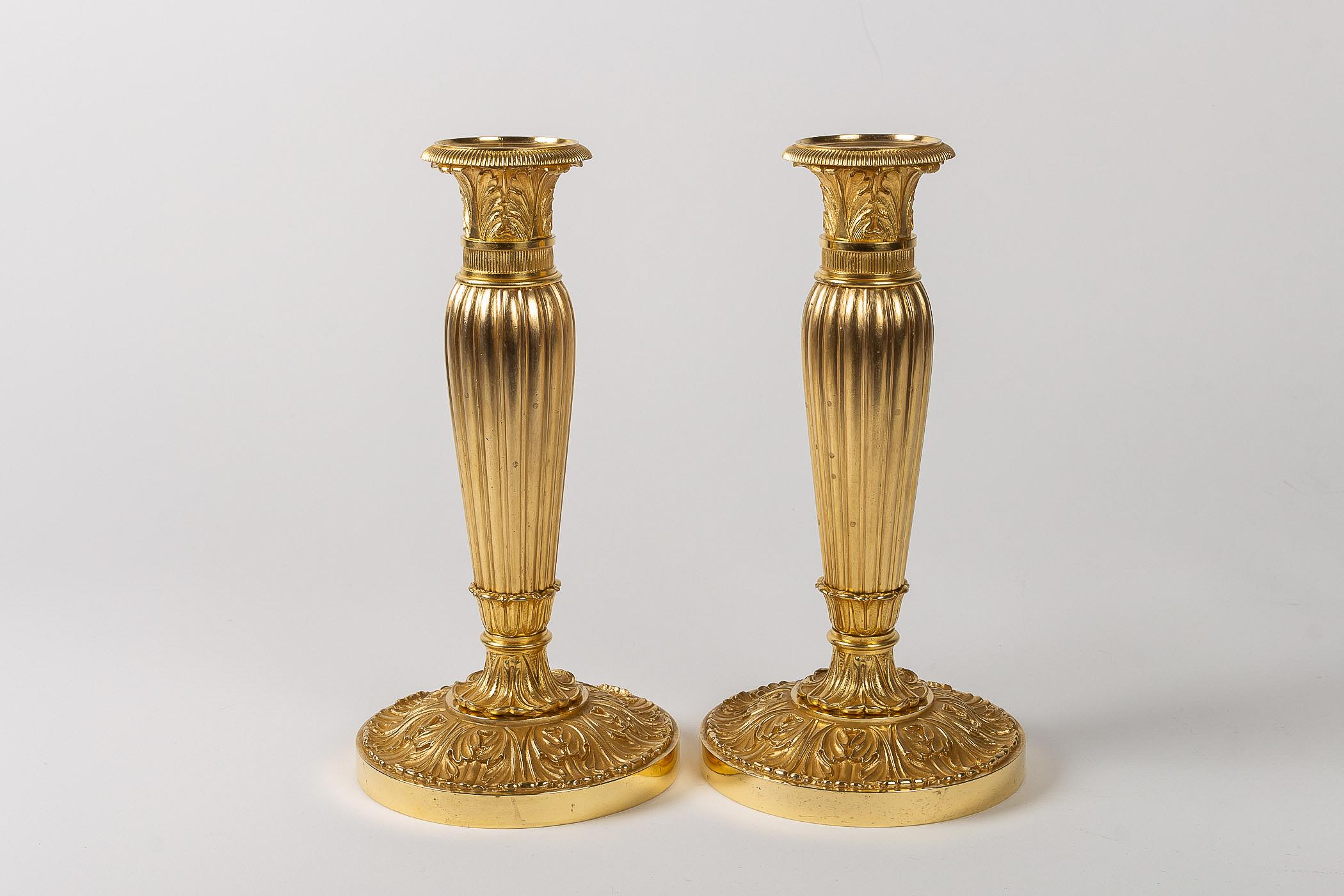 19th Century French Empire Period, Pair of Chiseled Gilt-Bronze Candlesticks, circa 1805-1810