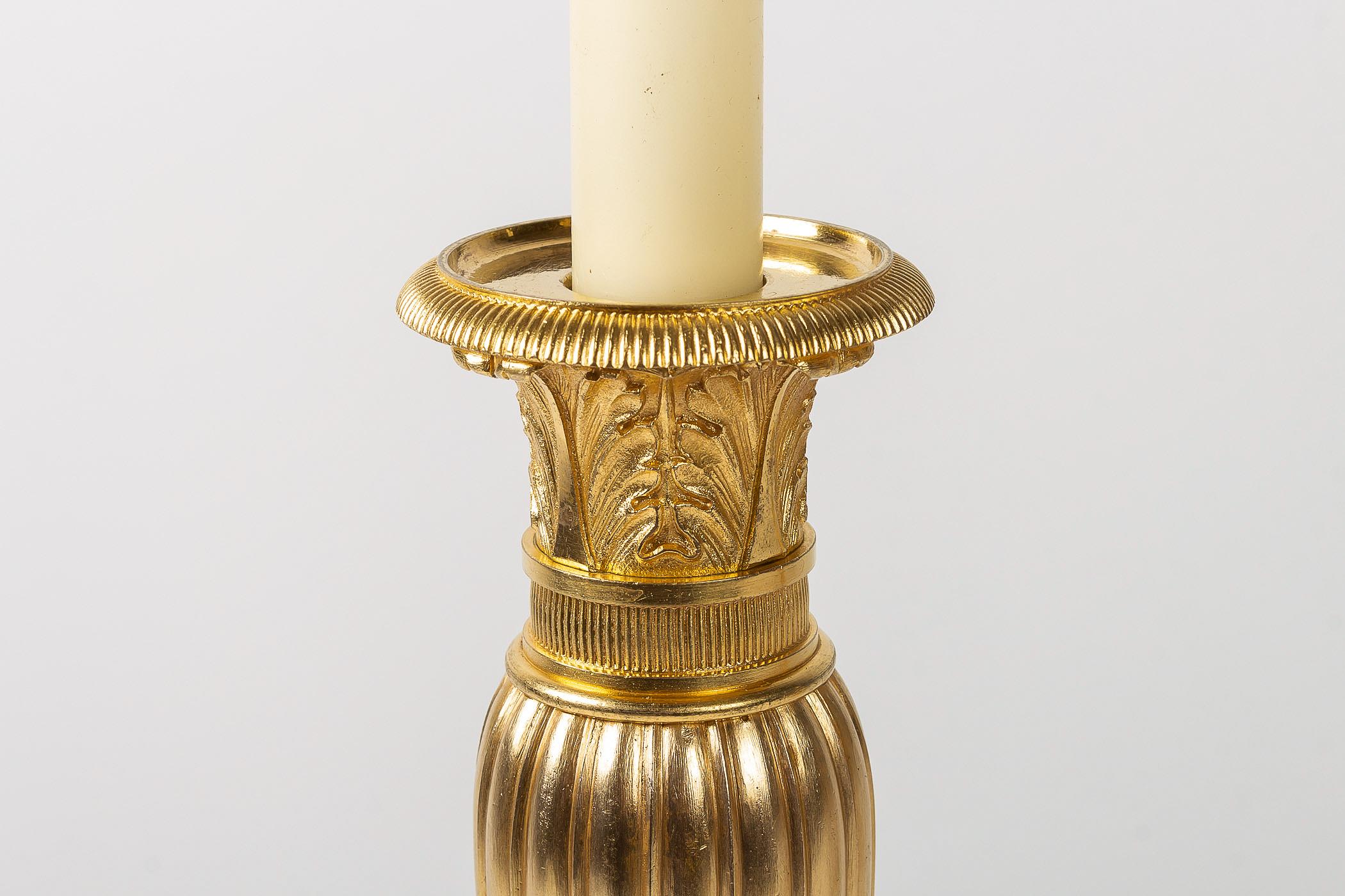 French Empire Period, Pair of Chiseled Gilt-Bronze Candlesticks, circa 1805-1810 2