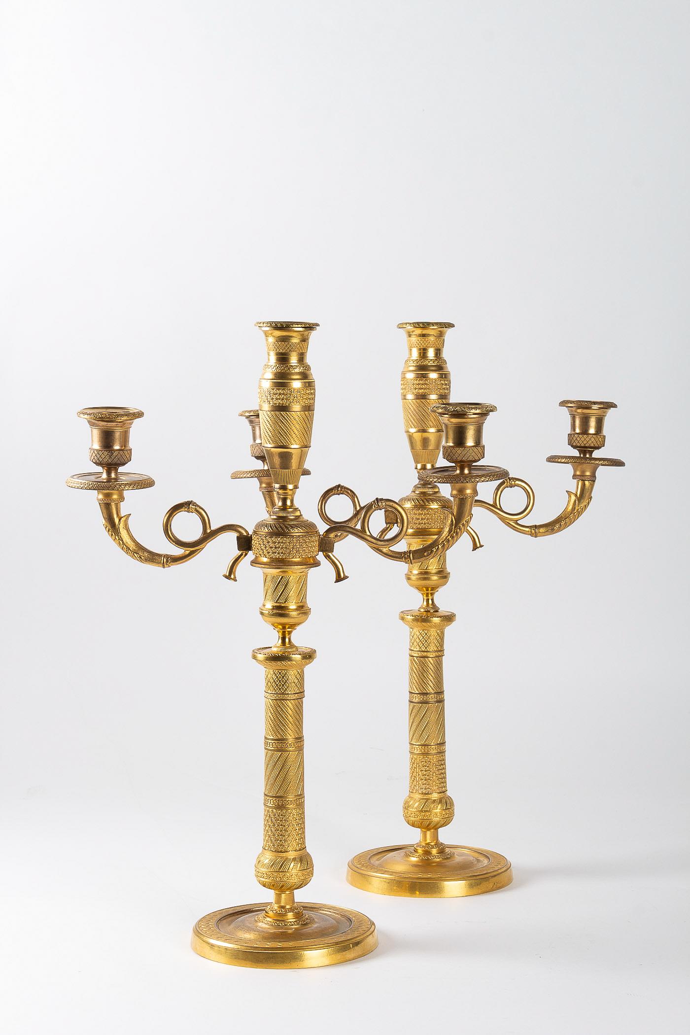 French Empire Period Pair of Gilt-Bronze Candelabras, circa 1810 12