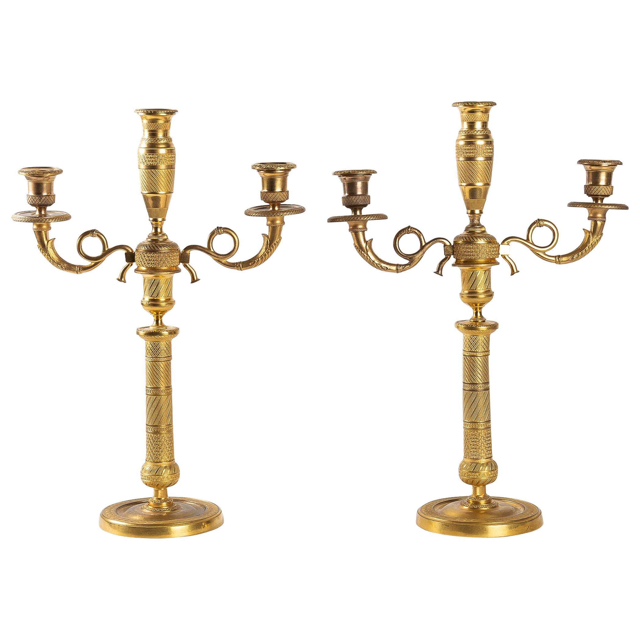 French Empire Period Pair of Gilt-Bronze Candelabras, circa 1810