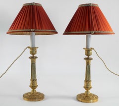 French Empire Period, Pair of Gilt Bronze Candlestick-Lamps, circa 1810