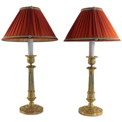 French Empire Period, Pair of Gilt Bronze Candlestick-Lamps, circa 1810