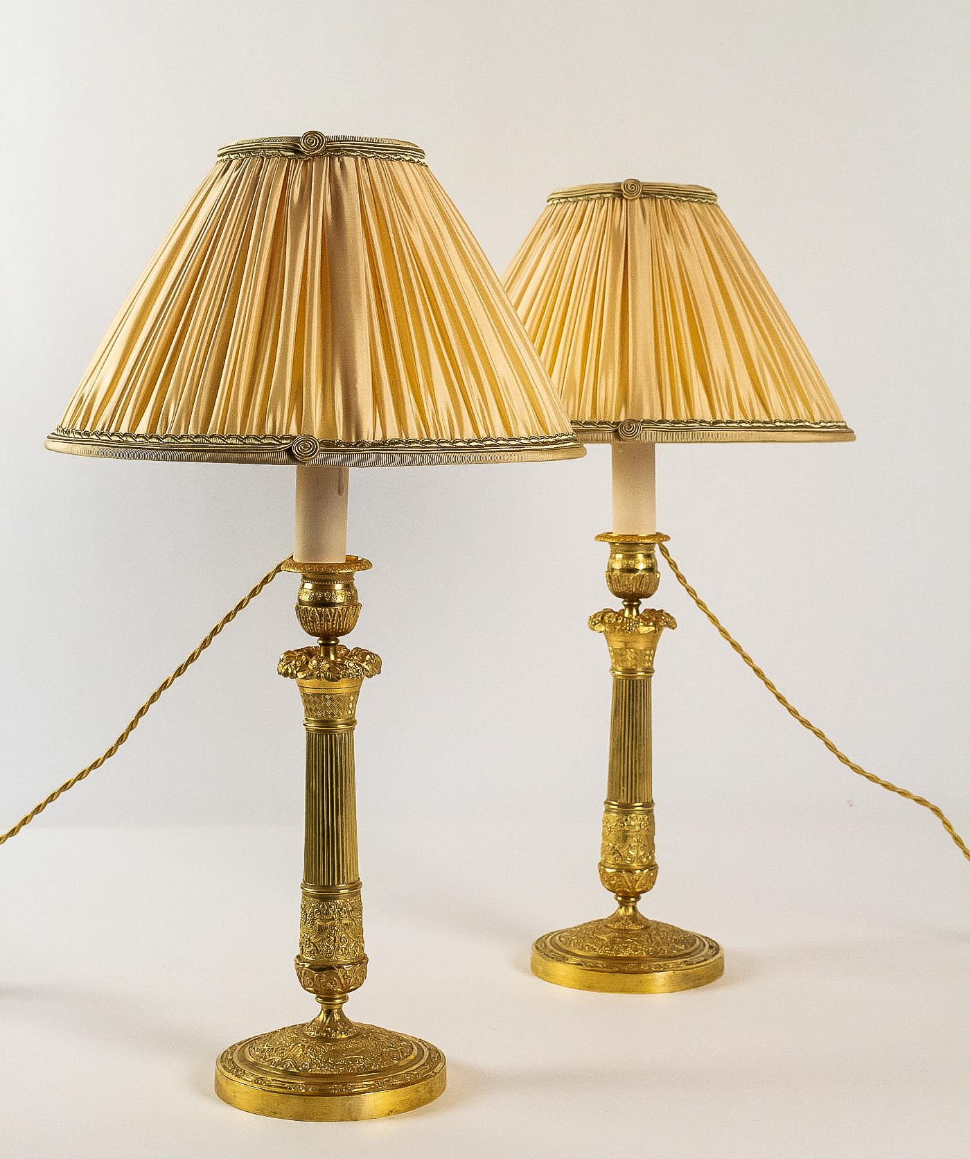 French Empire Period Pair of Gilt-Bronze Candlesticks Converted in Table Lamps 4