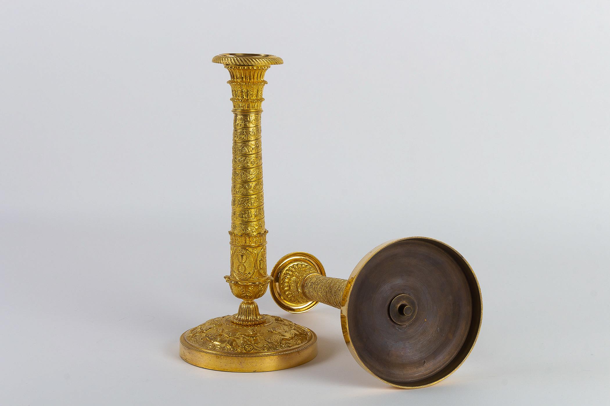 French Empire Period Pair of Gilt-Bronze with Twisted-Barrels Candlesticks, 1810 6