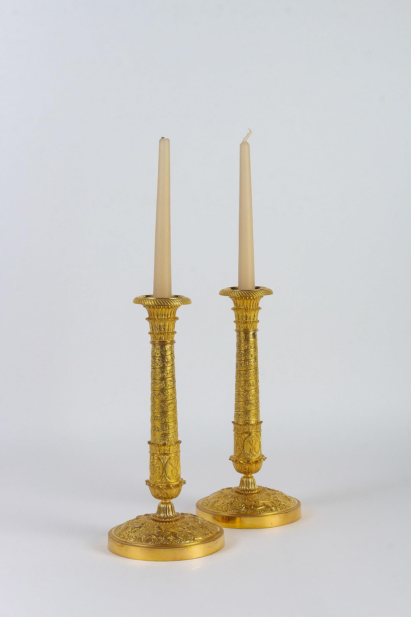 French Empire Period Pair of Gilt-Bronze with Twisted-Barrels Candlesticks, 1810 7