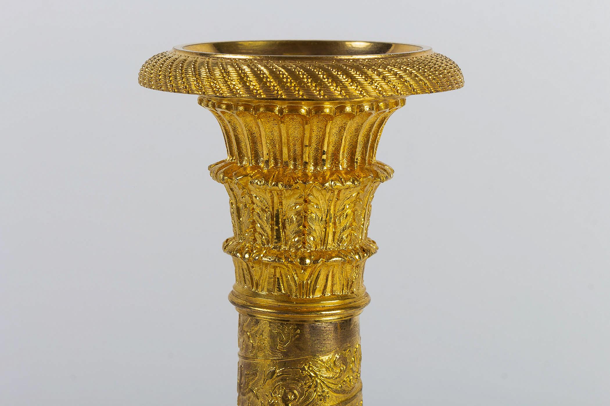 19th Century French Empire Period Pair of Gilt-Bronze with Twisted-Barrels Candlesticks, 1810