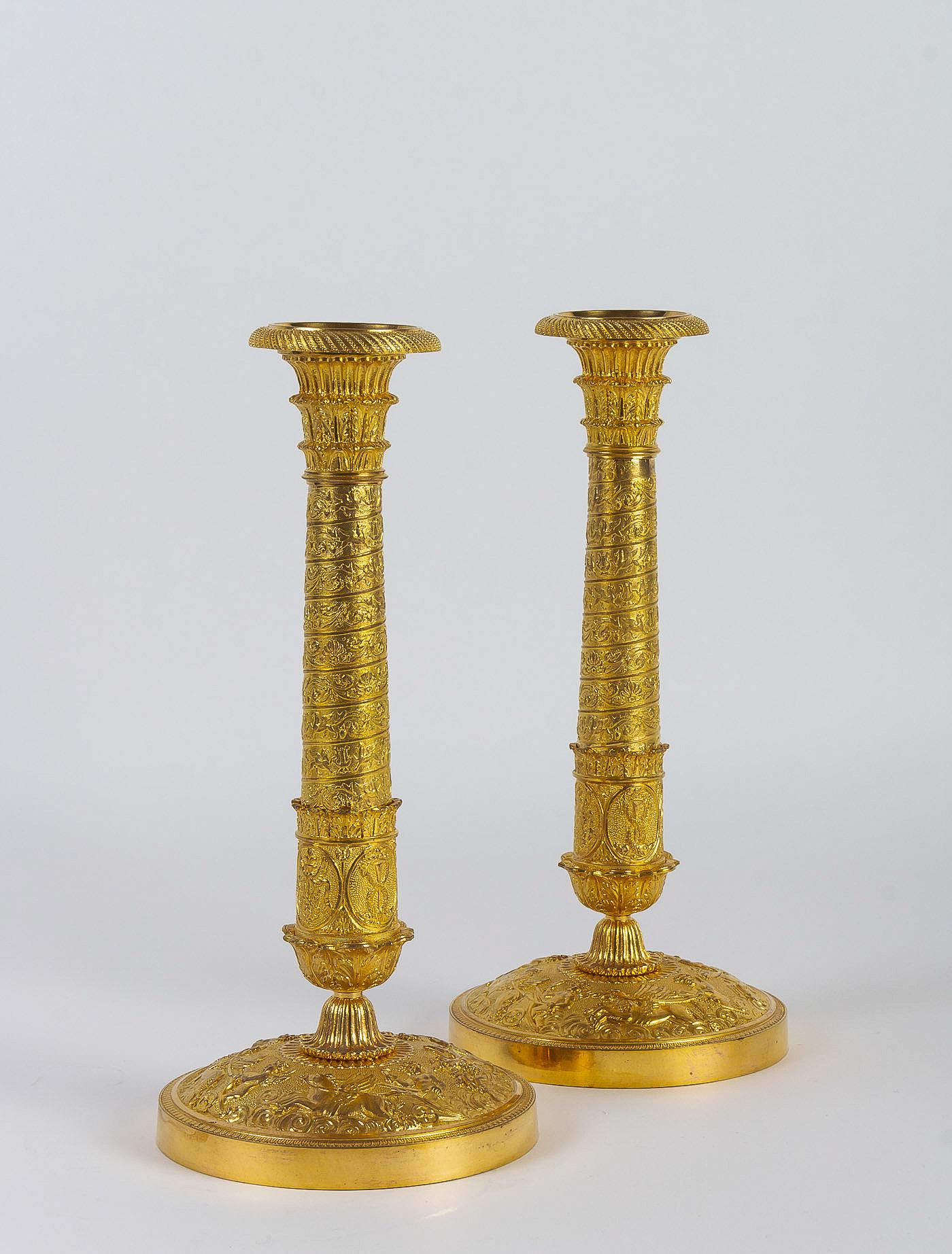 French Empire Period Pair of Gilt-Bronze with Twisted-Barrels Candlesticks, 1810 5