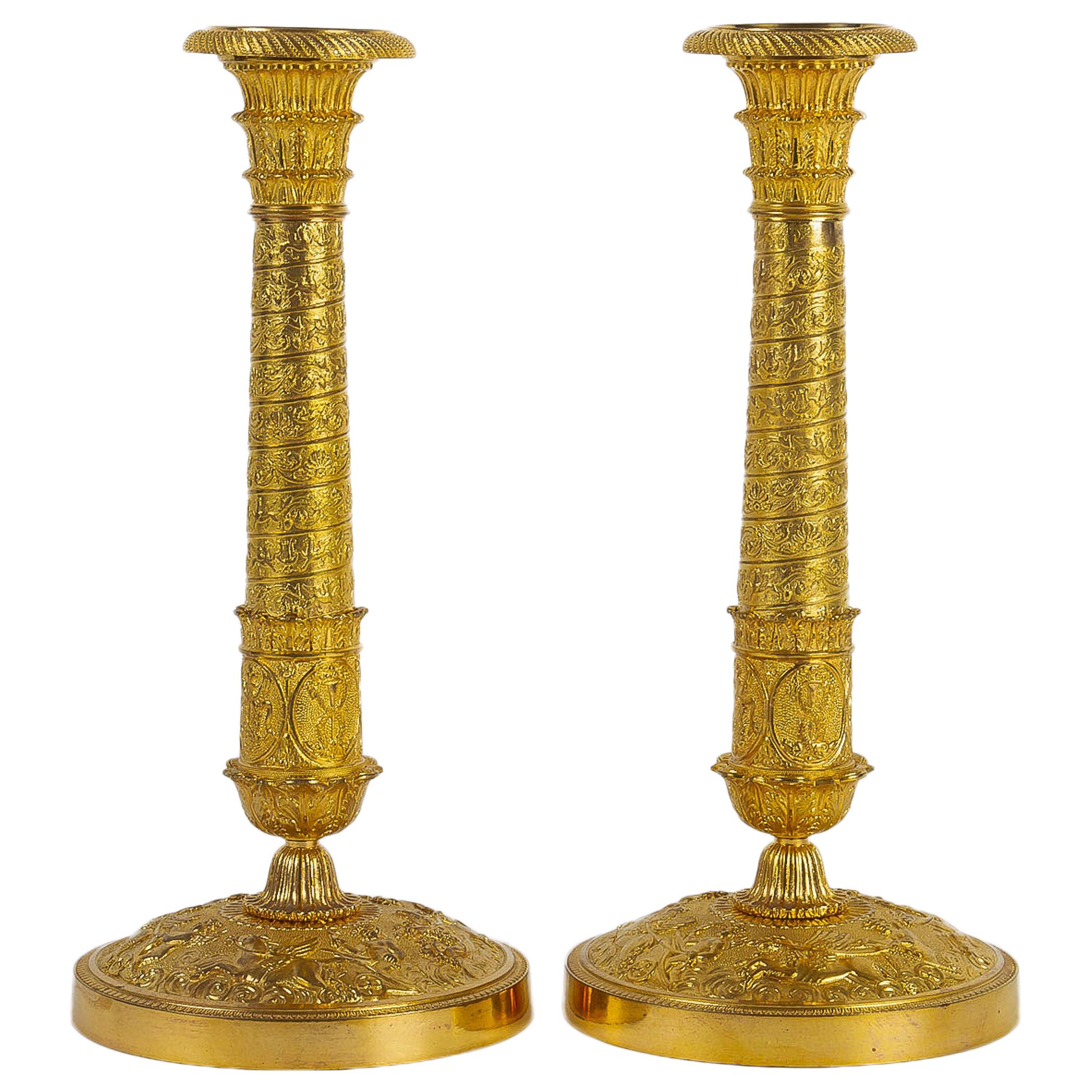 French Empire Period Pair of Gilt-Bronze with Twisted-Barrels Candlesticks, 1810
