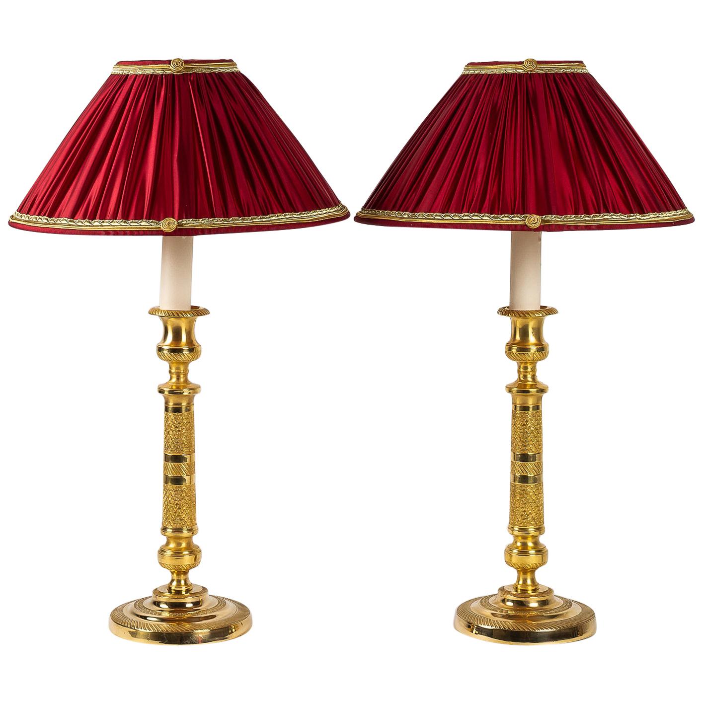 French Empire Period, Pair of Ormolu Candlesticks Converted in Table Lamps