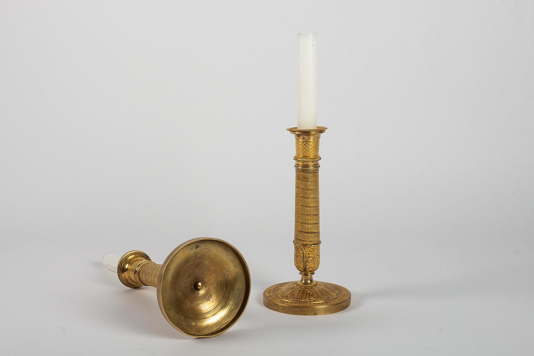 French Empire Period, Pair of Small Chiseled Gilt-Bronze Candlesticks Circa 1805 6