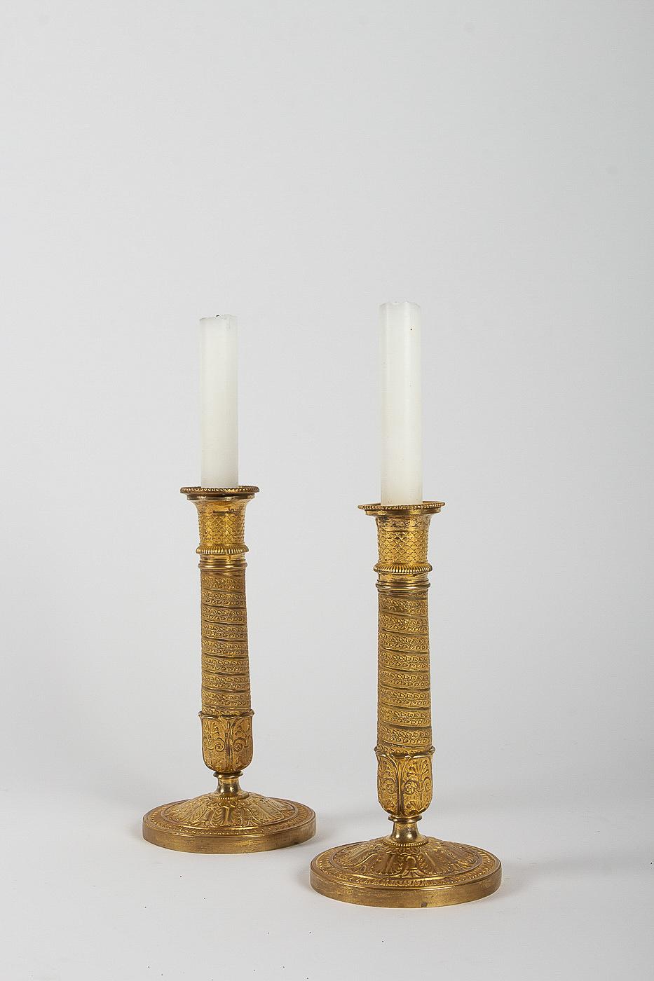 French Empire Period, Pair of Small Chiseled Gilt-Bronze Candlesticks Circa 1805 7