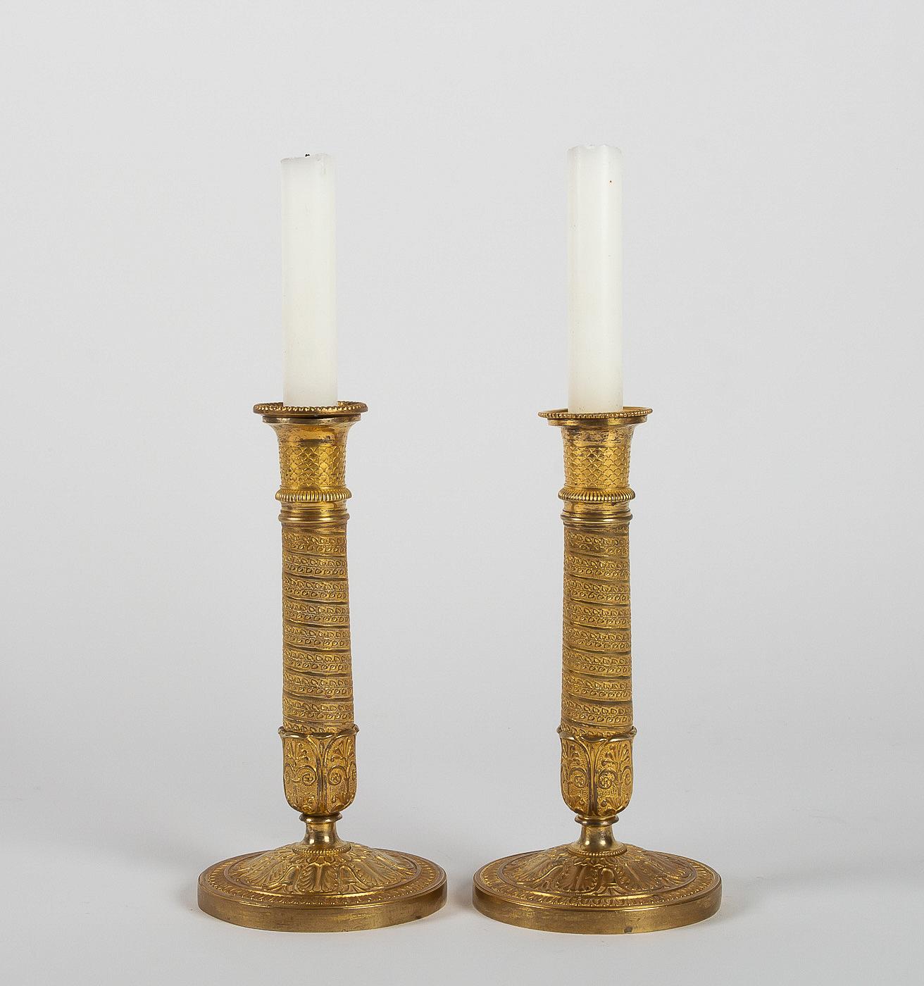 French Empire Period, Pair of Small Chiseled Gilt-Bronze Candlesticks Circa 1805 6