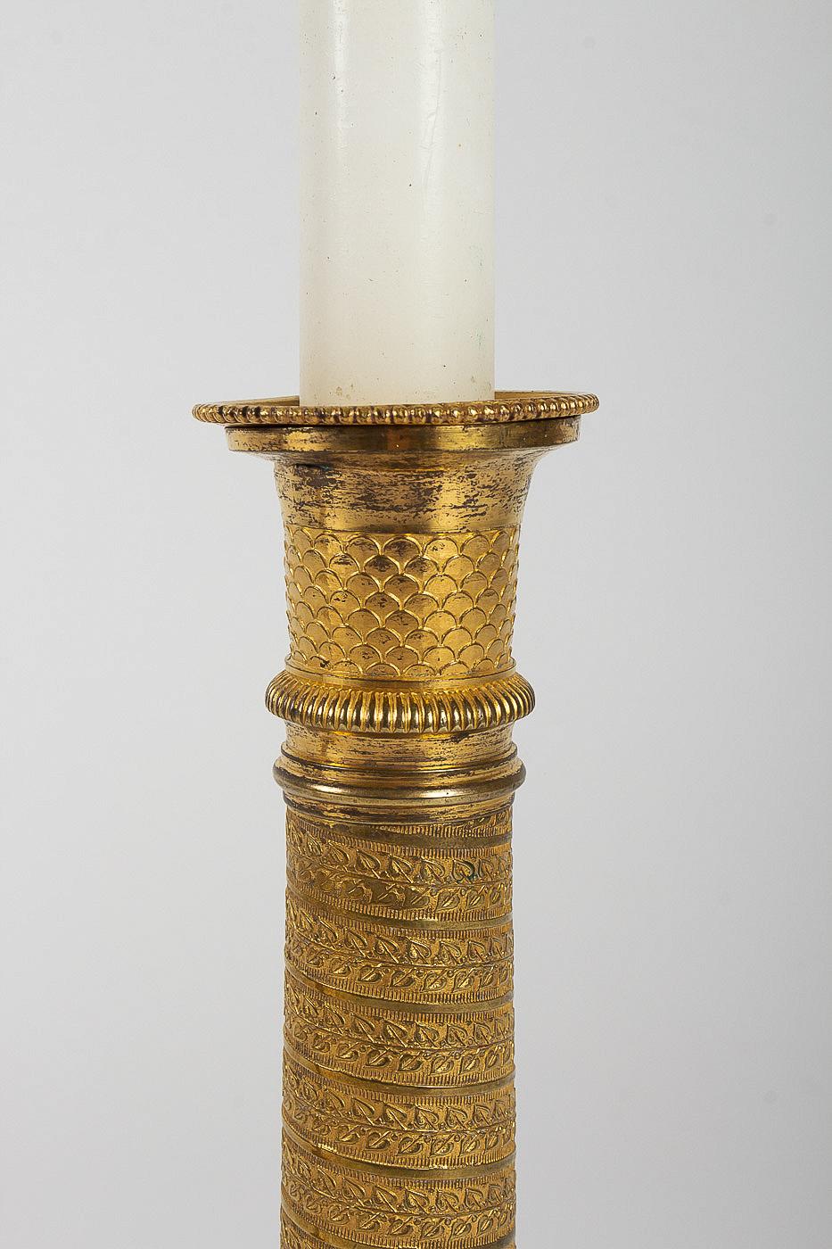 French Empire Period, Pair of Small Chiseled Gilt-Bronze Candlesticks Circa 1805 1