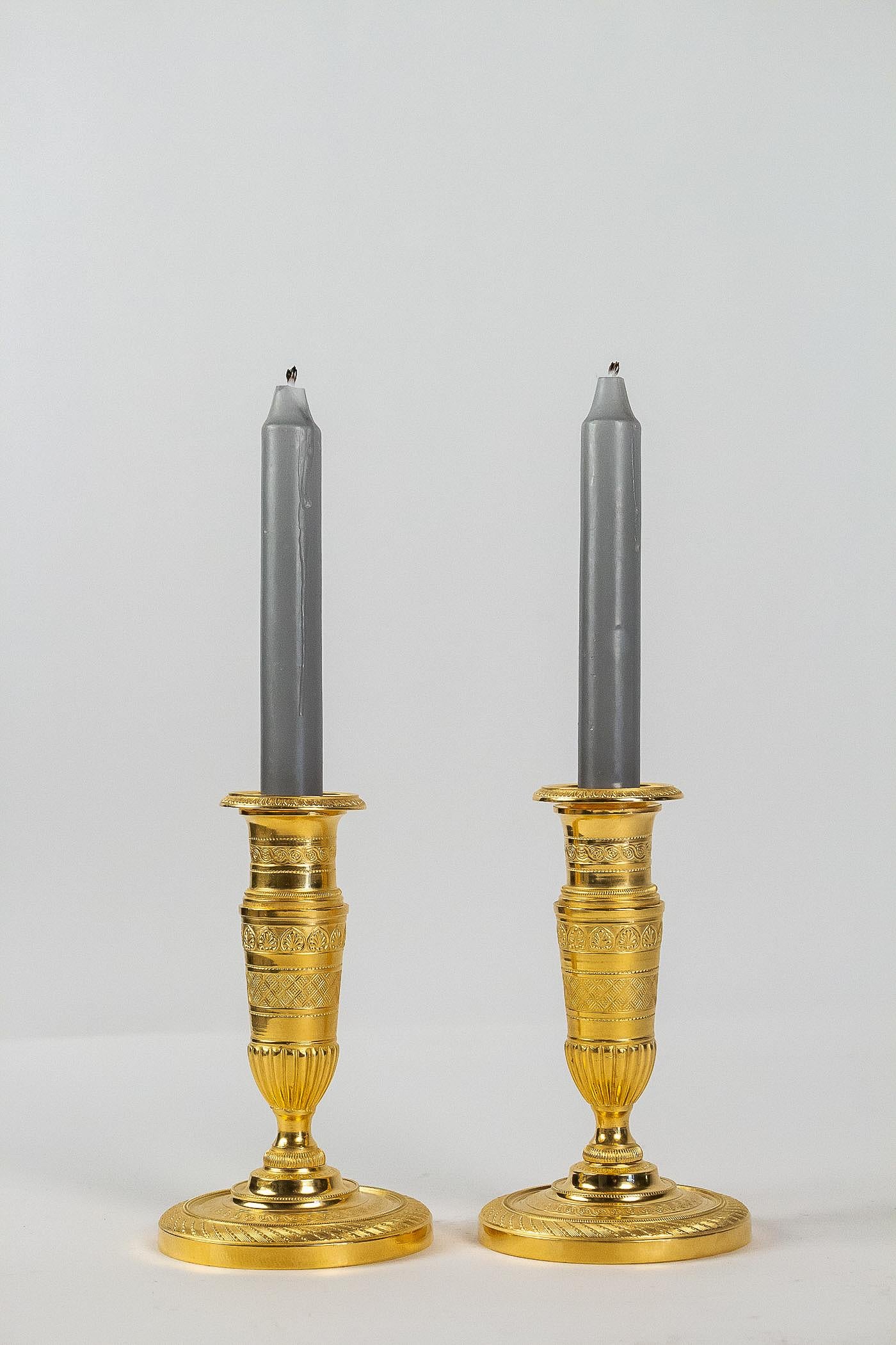 French Empire Period, Pair of Small Gilt-Bronze Candlesticks, circa 1805 6