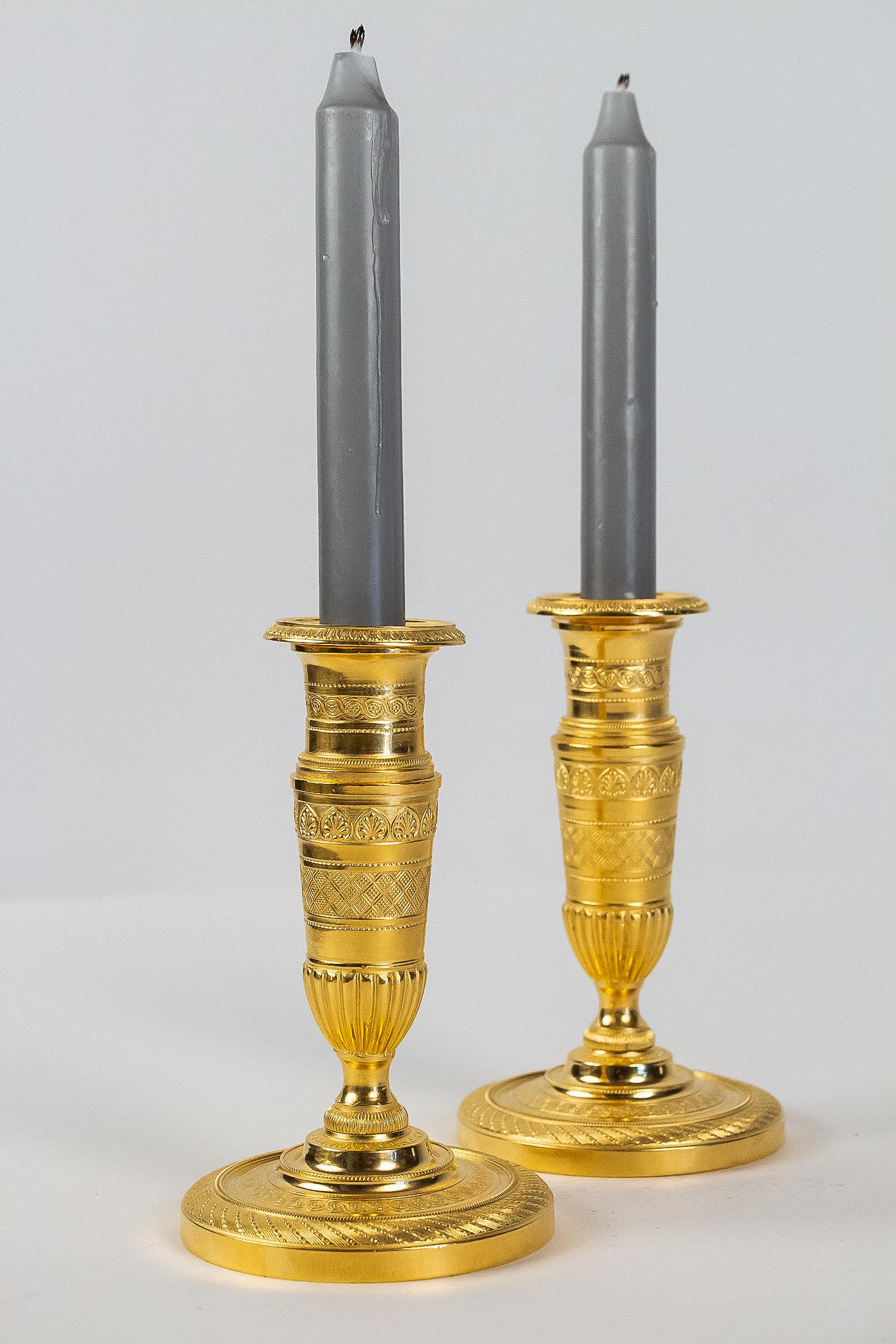 French Empire Period, Pair of Small Gilt-Bronze Candlesticks, circa 1805 5