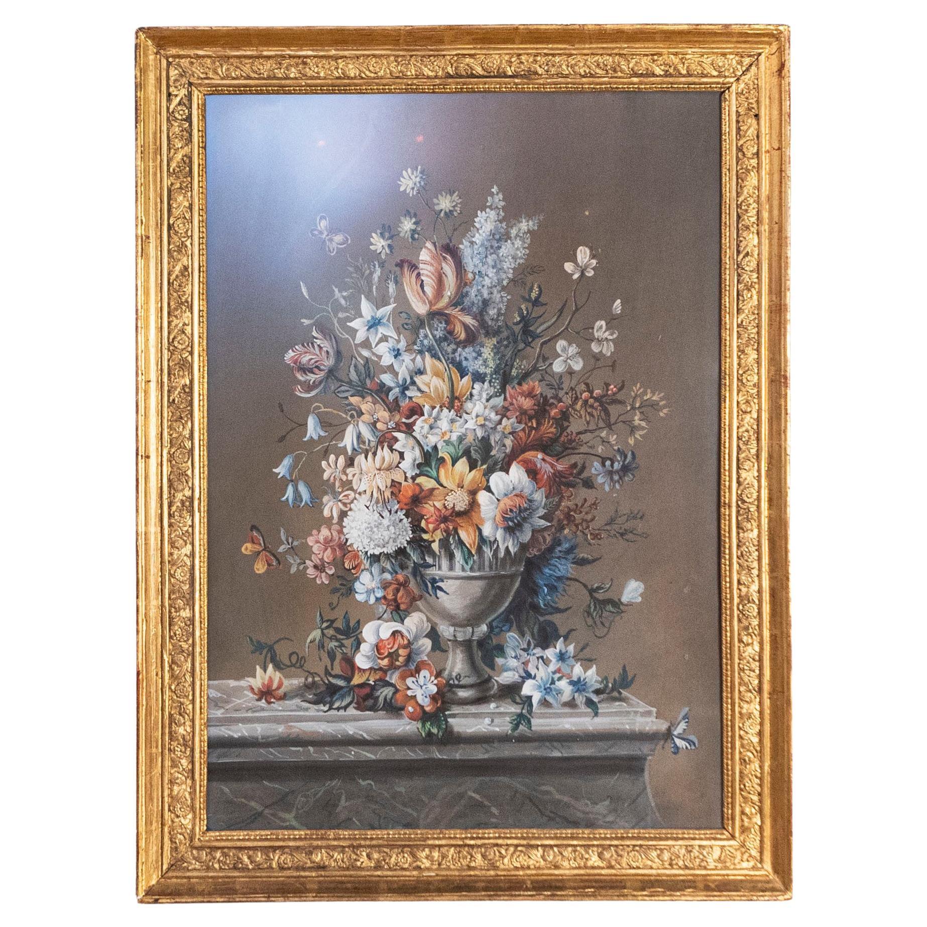 Pintura al pastel y gouache de la época del Imperio francés, hacia 1810, en marco de madera dorada
