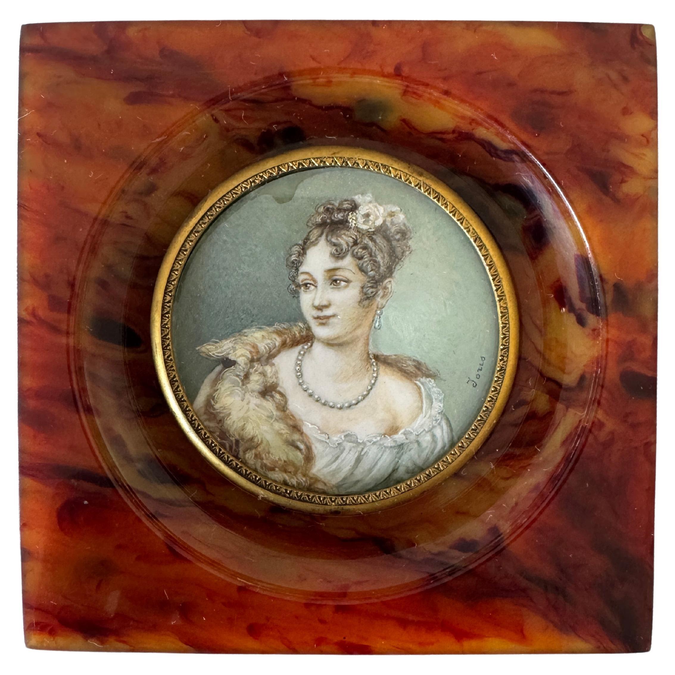 Miniatura de retrato de la época del Imperio francés, firmada Joris, principios del siglo XIX